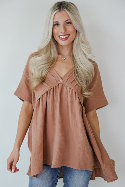 Adorably Playful Mocha Linen Babydoll Blouse