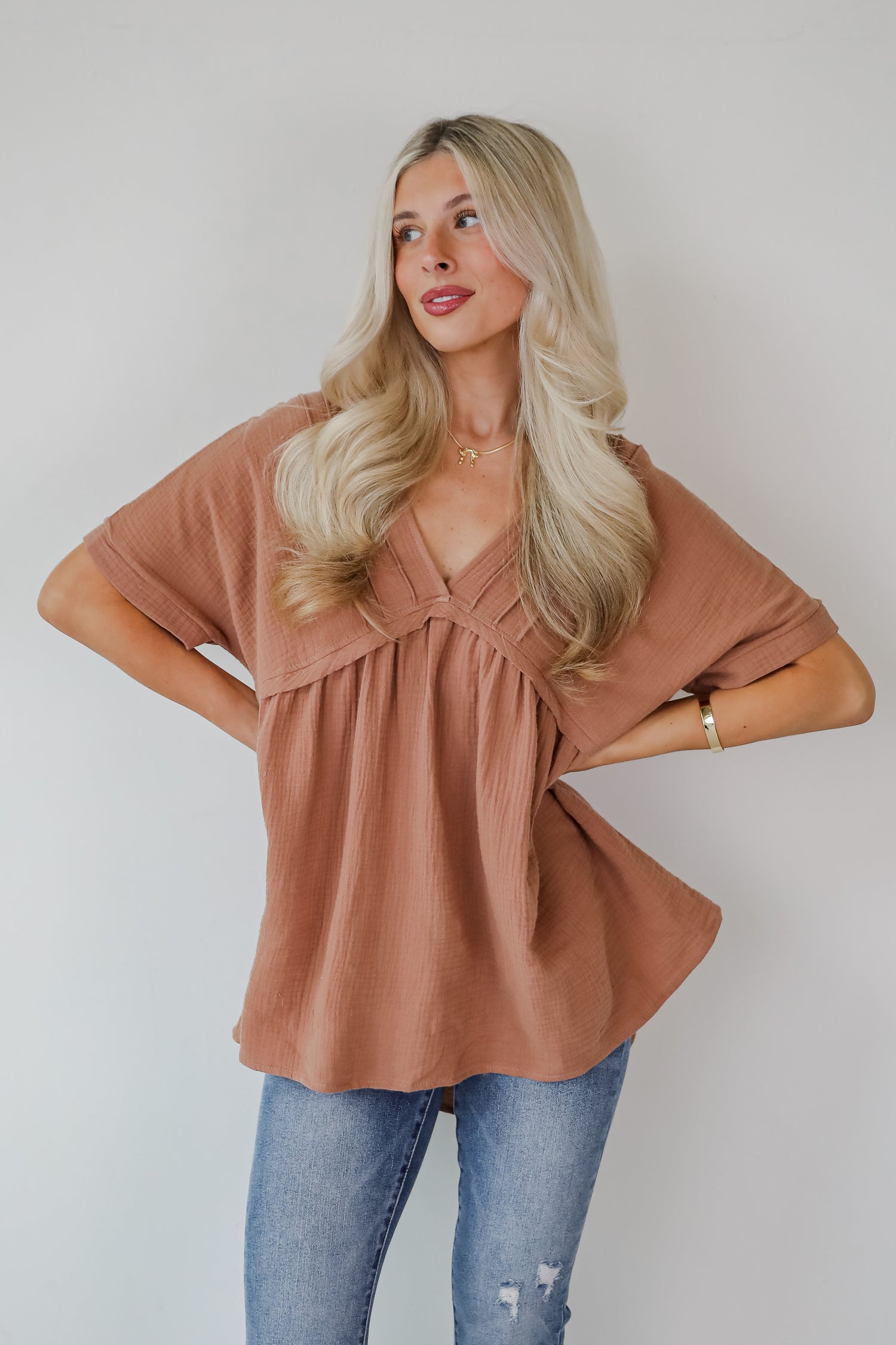 Adorably Playful Mocha Linen Babydoll Blouse