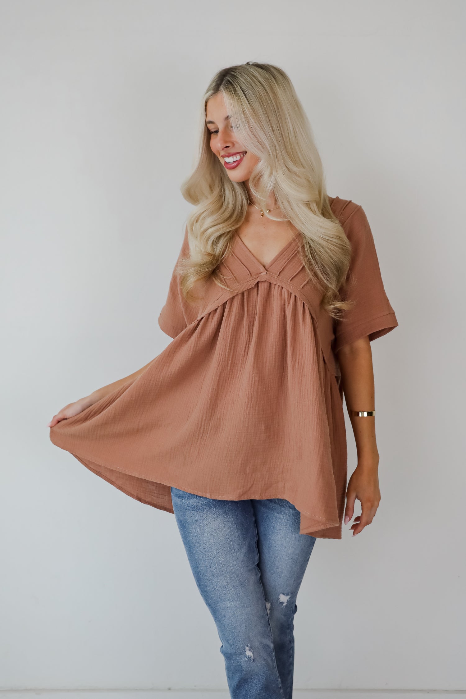 Adorably Playful Mocha Linen Babydoll Blouse