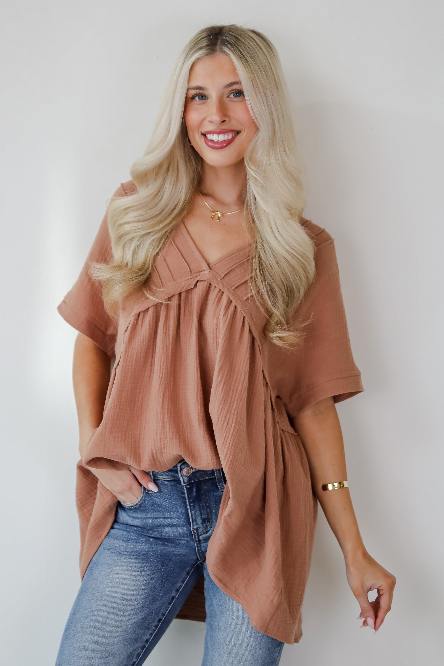 Adorably Playful Mocha Linen Babydoll Blouse