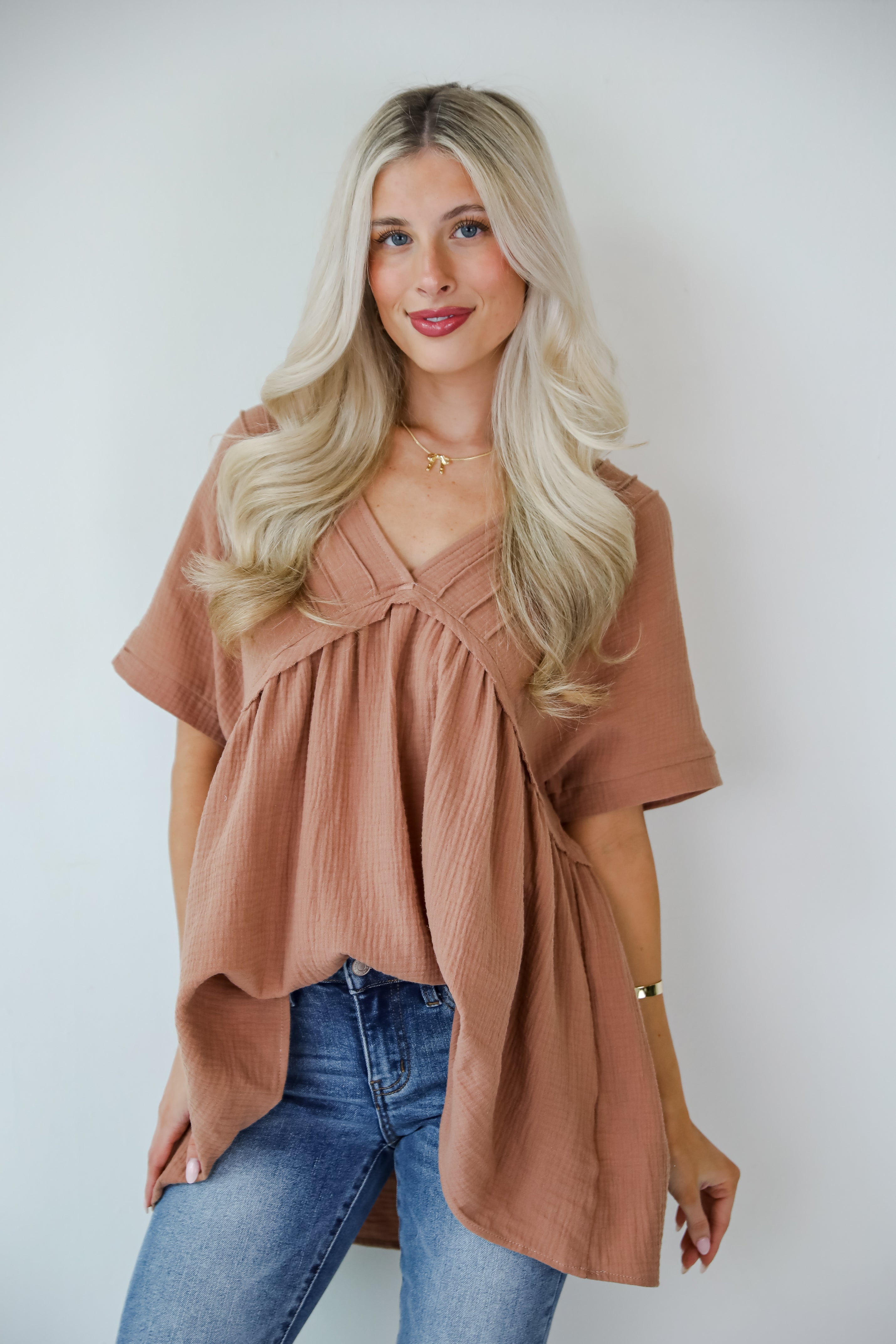 Adorably Playful Mocha Linen Babydoll Blouse