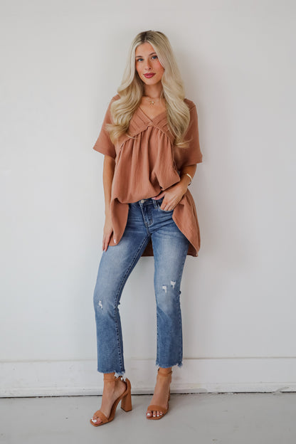 Adorably Playful Mocha Linen Babydoll Blouse