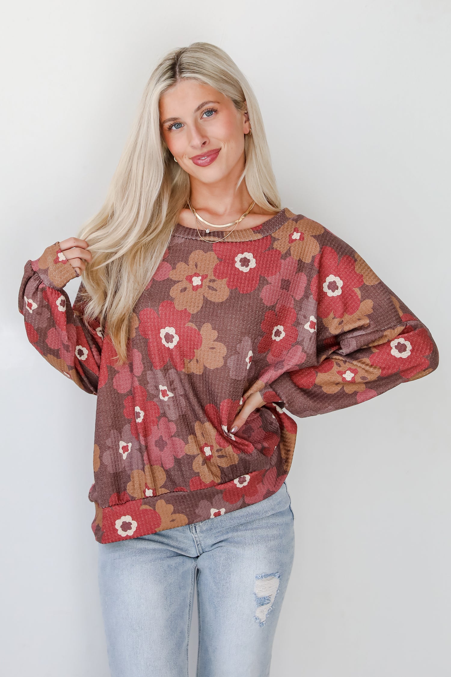 Special Sweetness Mocha Floral Waffle Knit Top