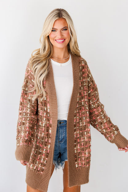 eyelash knit Mocha Plaid Stitch Cardigan