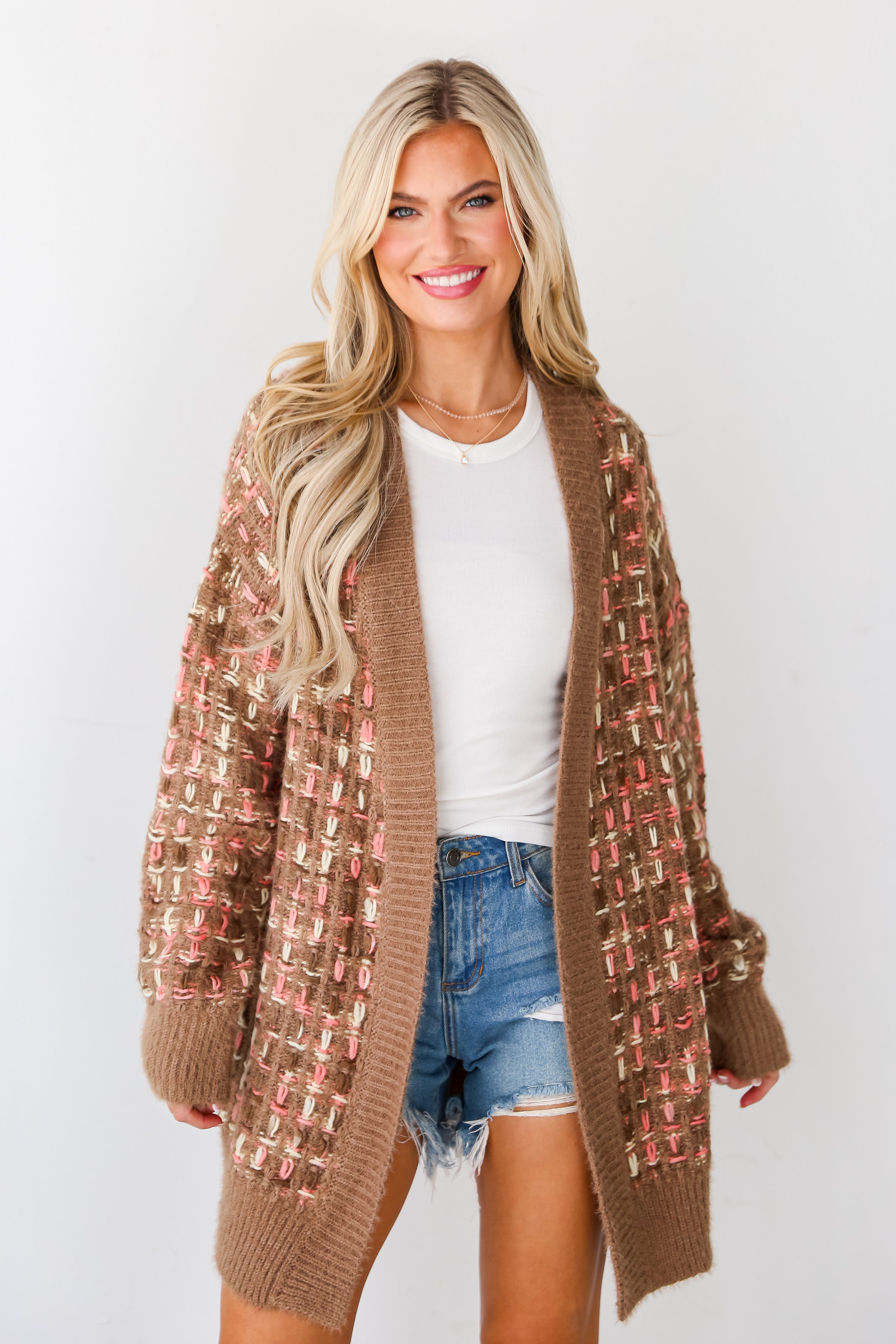 Mocha Plaid Stitch Cardigan front view