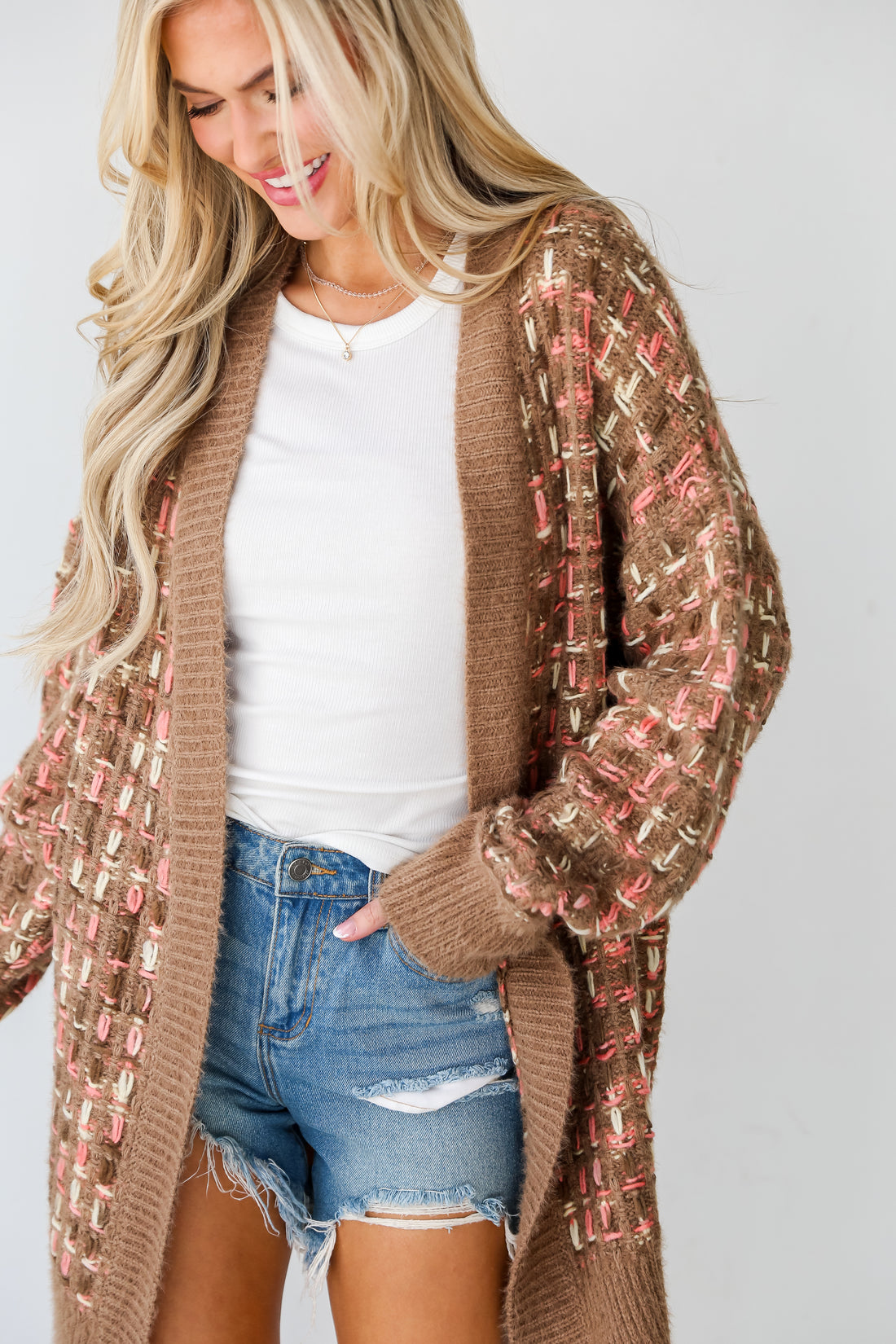 cozy Mocha Plaid Stitch Cardigan