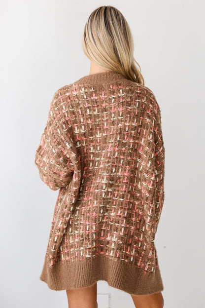 Mocha Plaid Stitch Cardigan back view