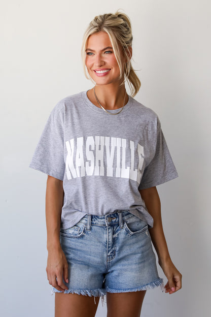 Heather Grey Nashville Cropped Block Letter Tee