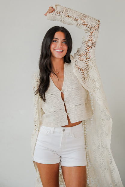 Blissful Strolls Natural Crochet Longline Kimono