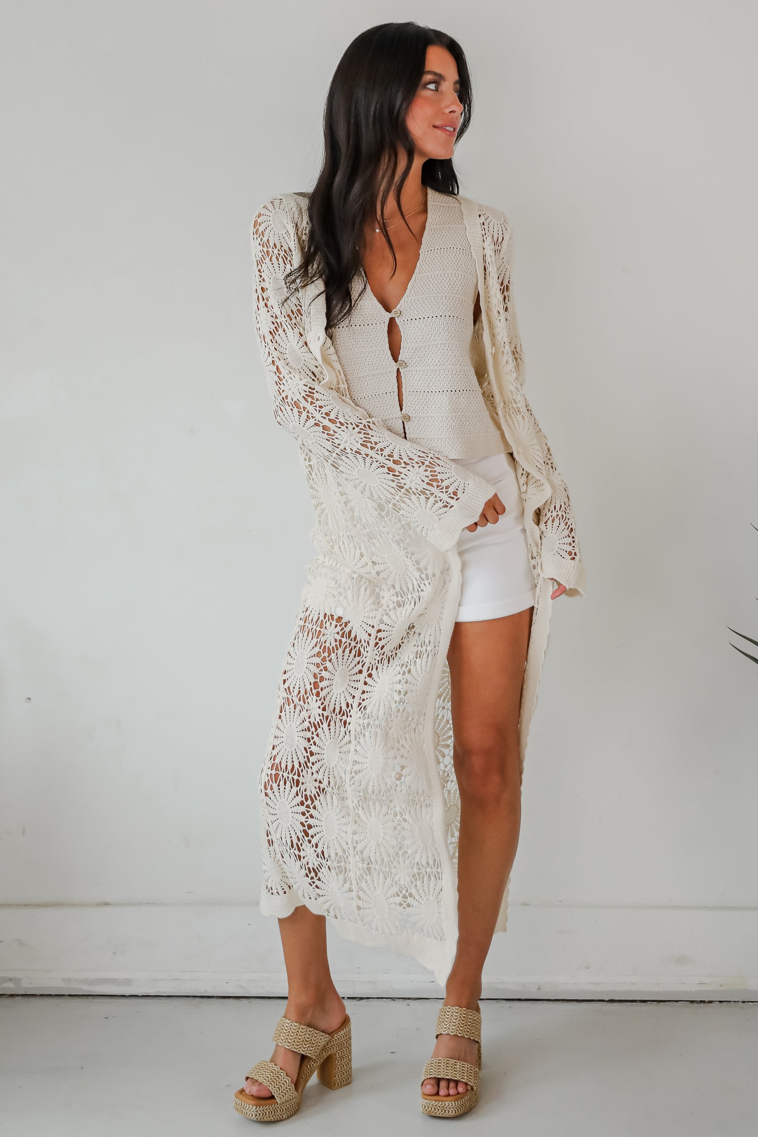 Blissful Strolls Natural Crochet Longline Kimono