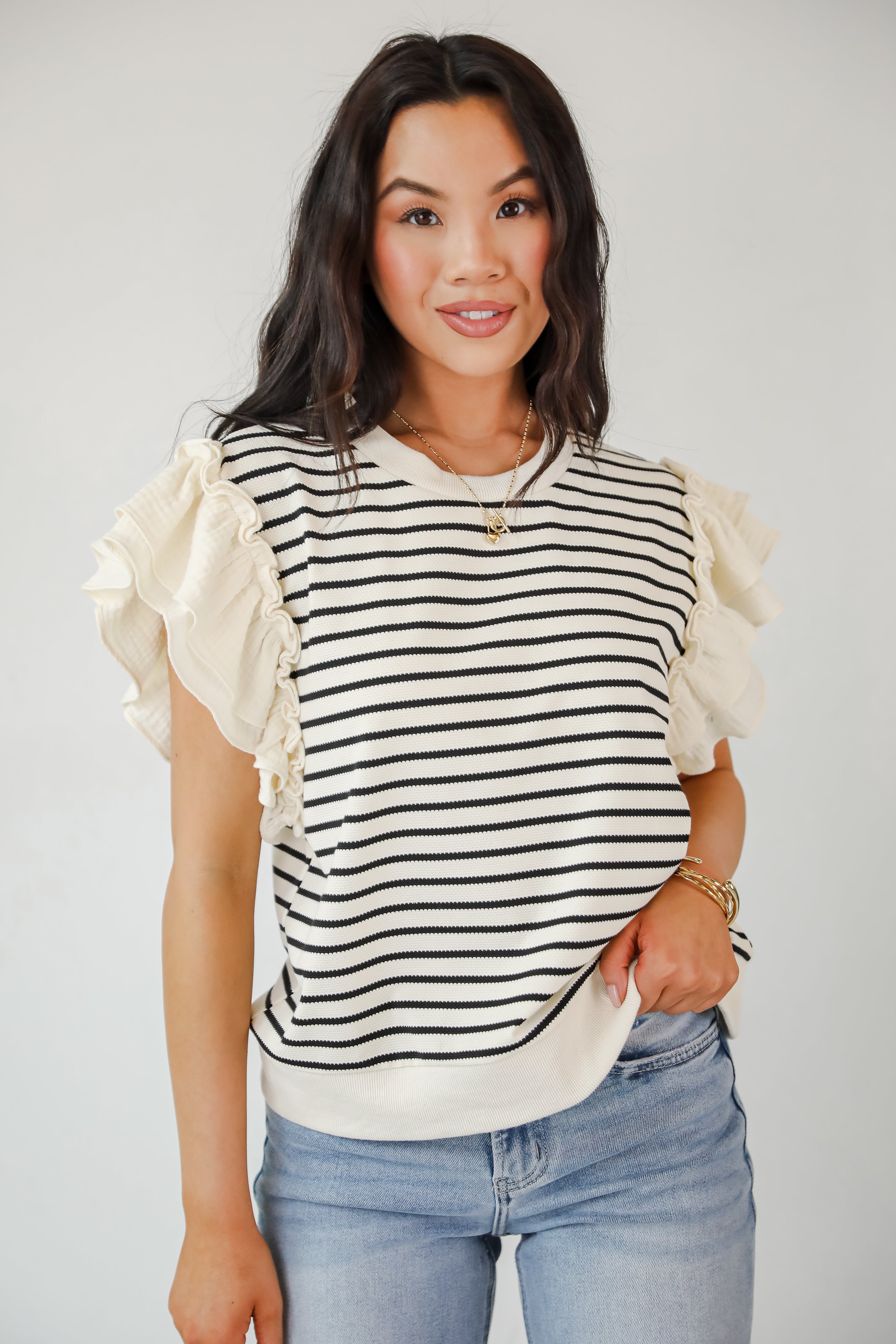 Trendy Icon Natural Striped Ruffle Top