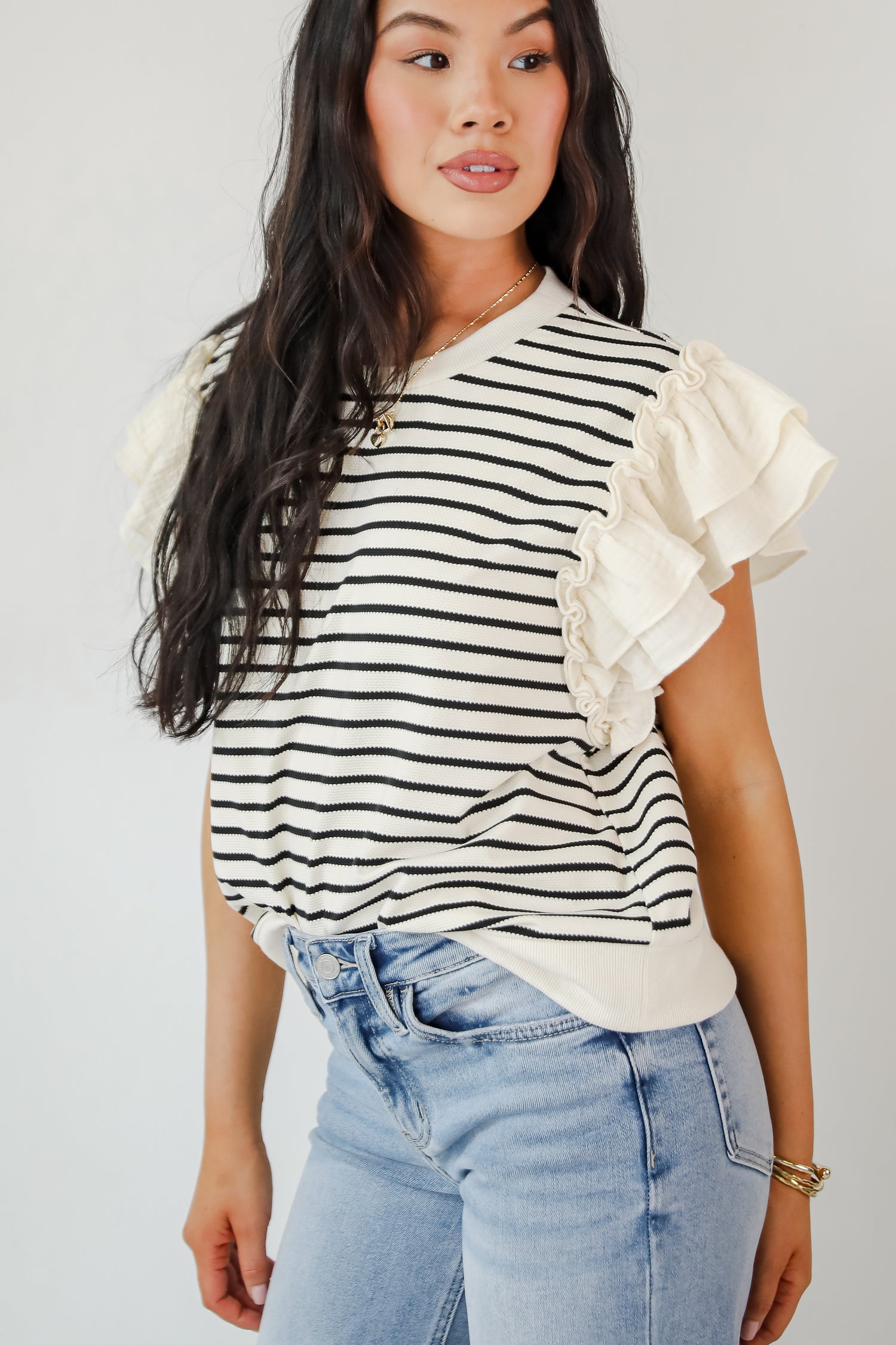 Trendy Icon Natural Striped Ruffle Top