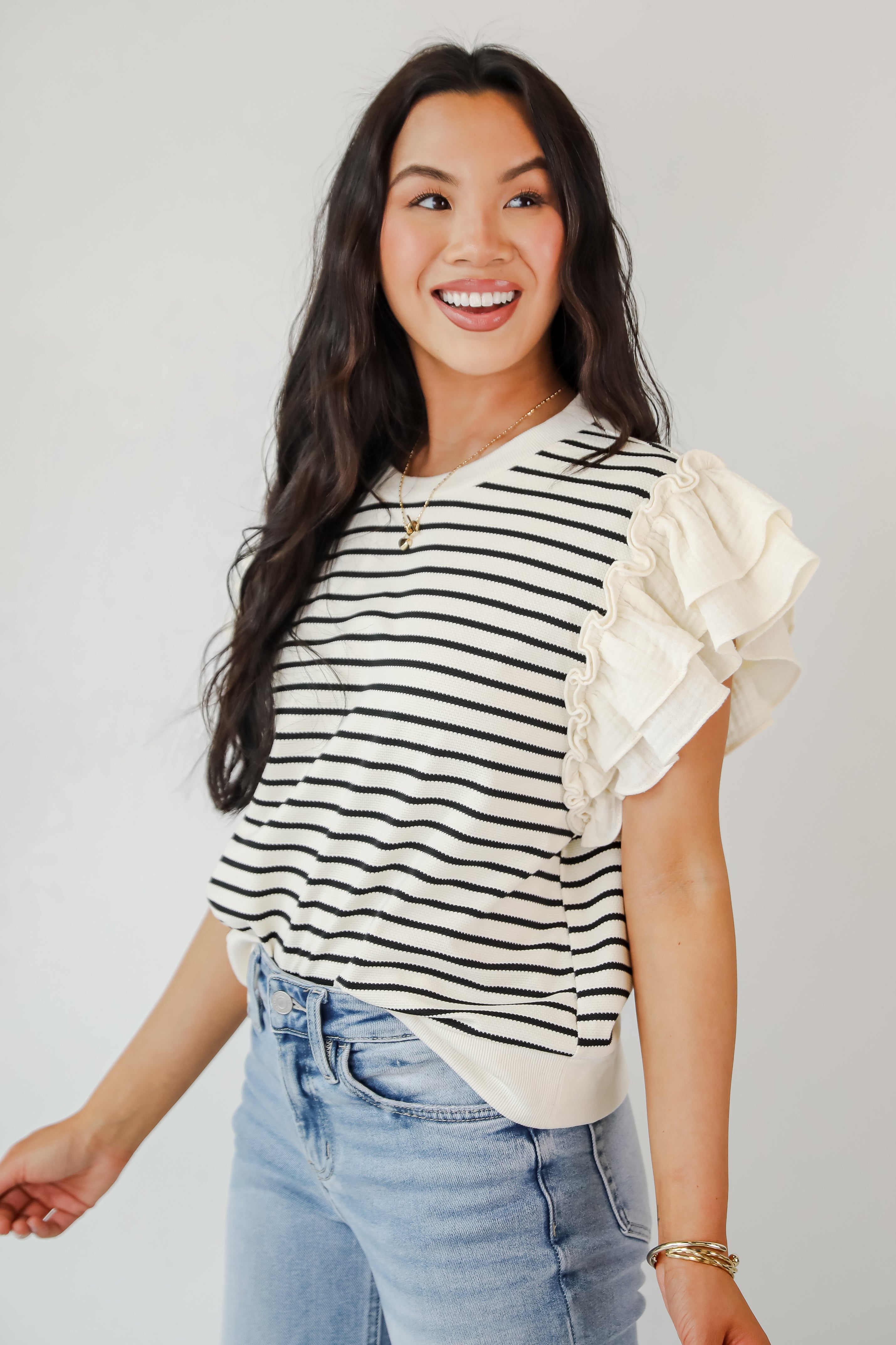 Trendy Icon Natural Striped Ruffle Top