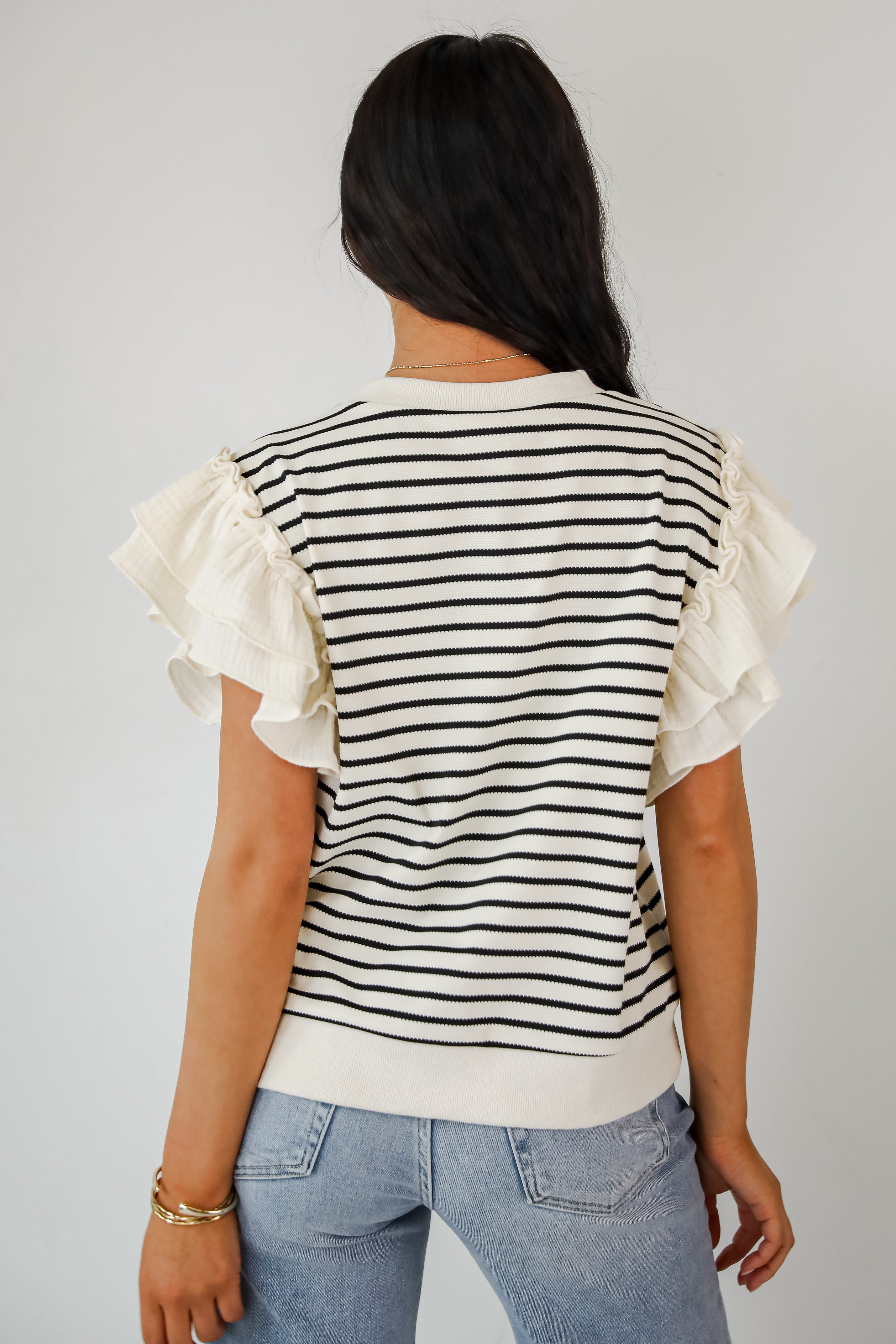 Trendy Icon Natural Striped Ruffle Top