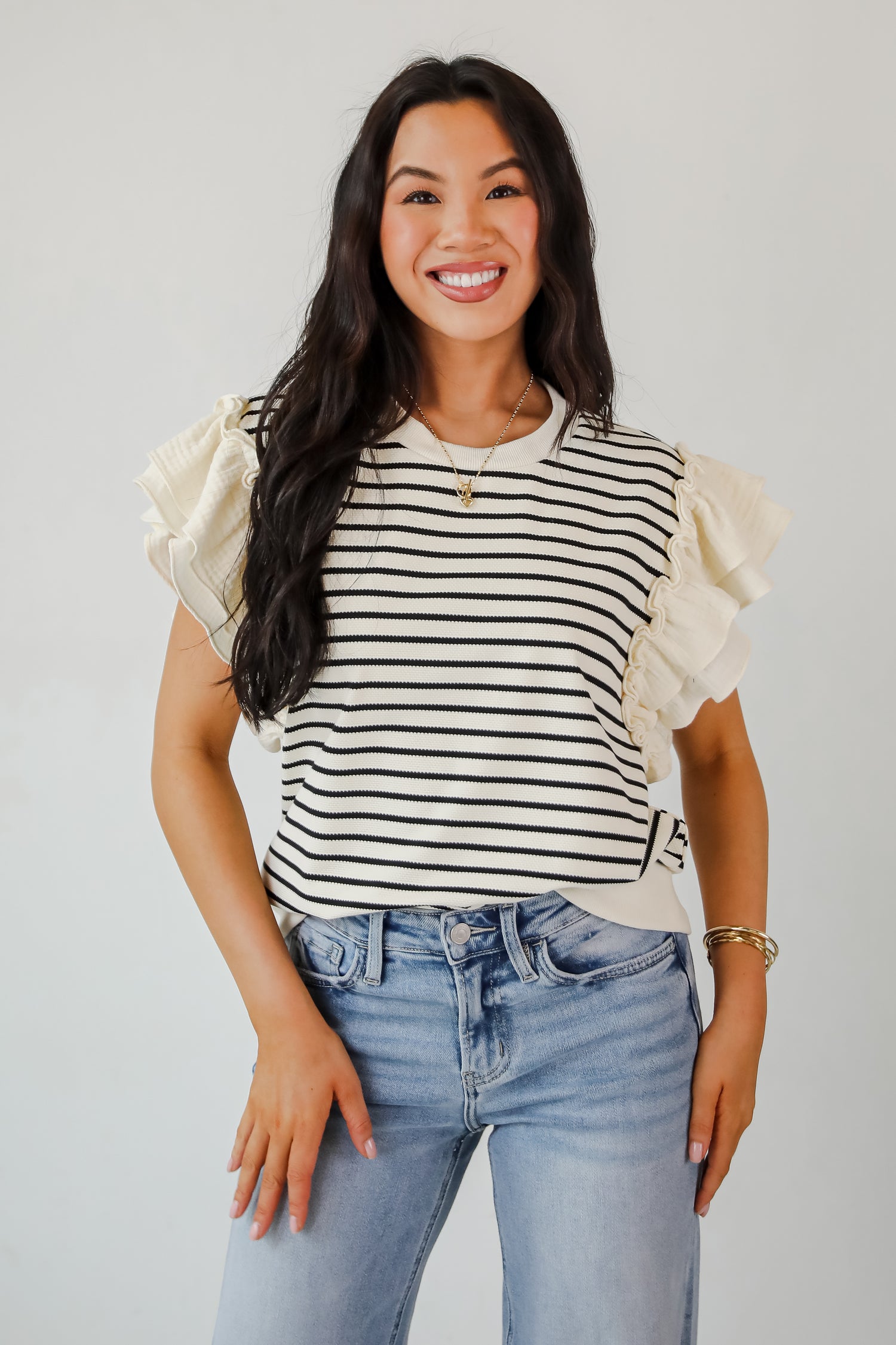 Trendy Icon Natural Striped Ruffle Top