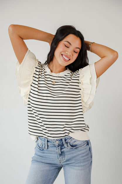 Trendy Icon Natural Striped Ruffle Top