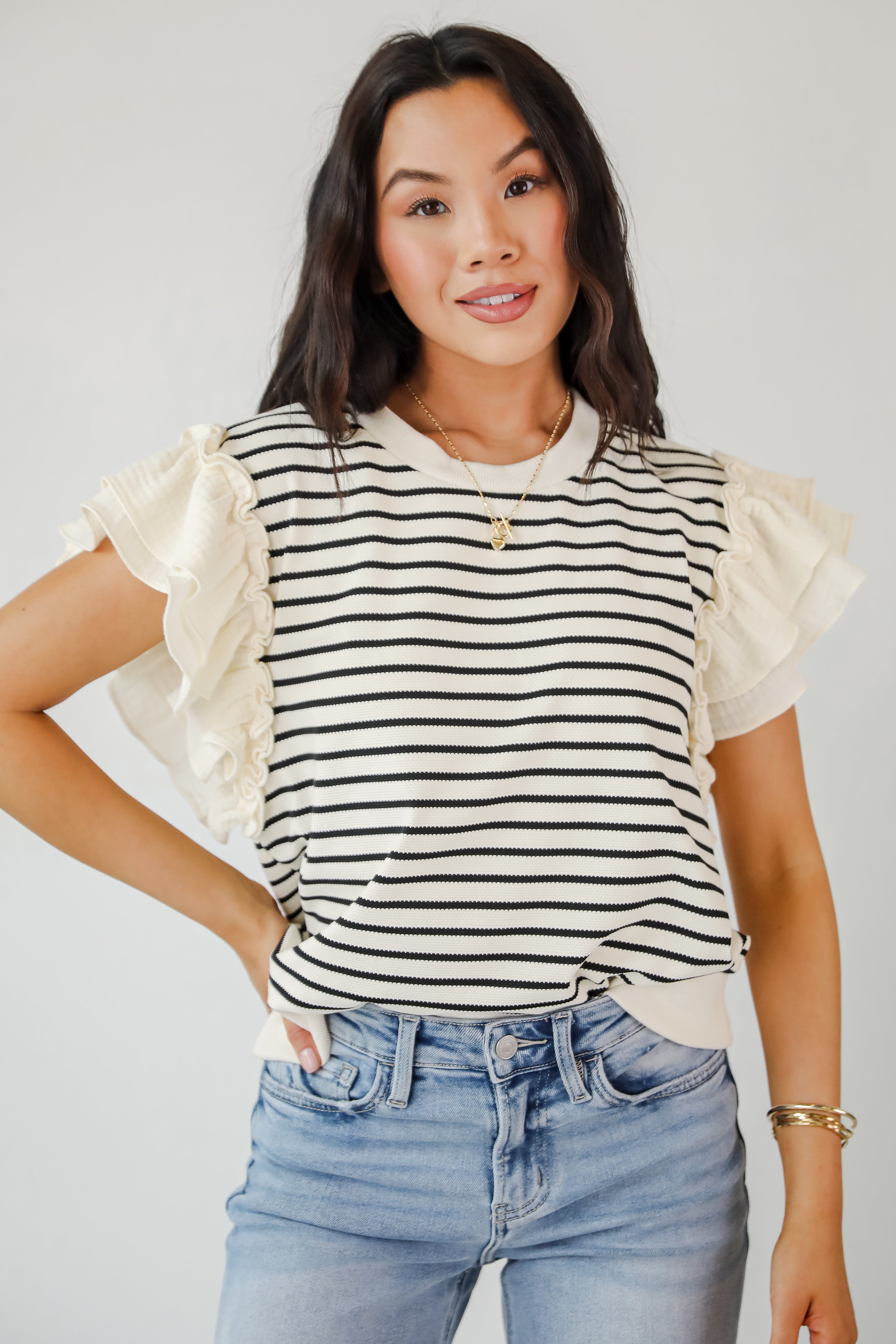 Trendy Icon Natural Striped Ruffle Top