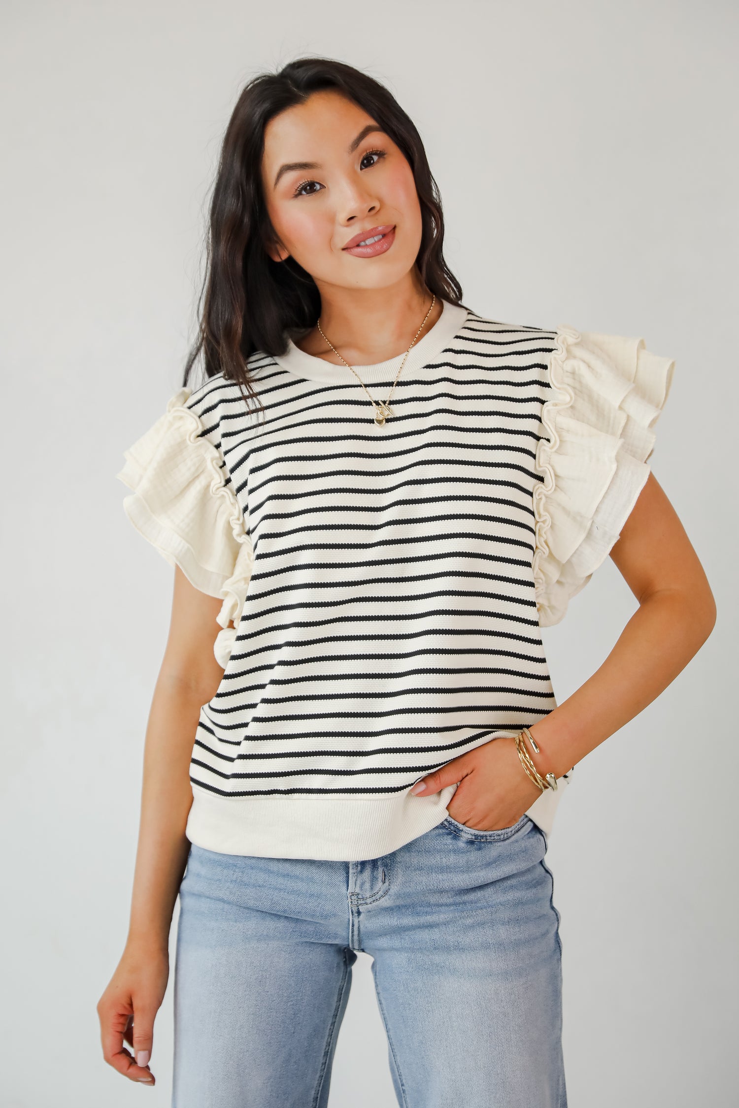 Trendy Icon Natural Striped Ruffle Top