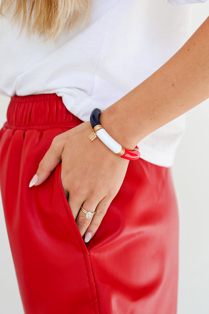 Red + Navy Color Block Tube Bracelet on model