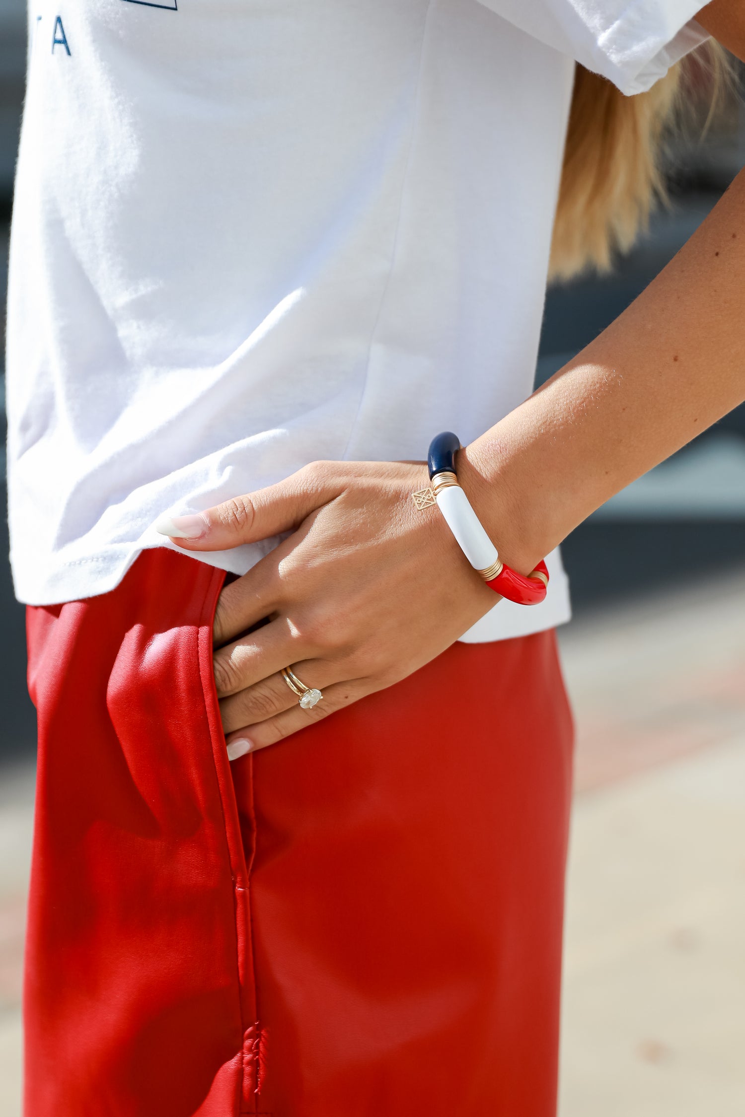 Red + Navy Color Block Tube Bracelet close up