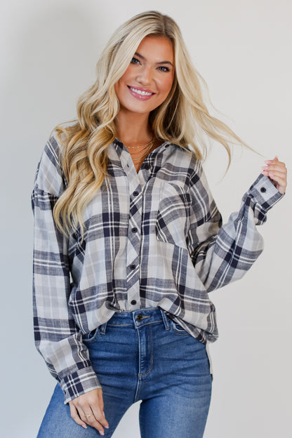 navy blue Plaid Flannel close up