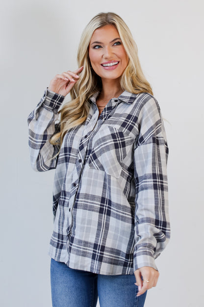 navy blue Plaid Flannel on dress up model