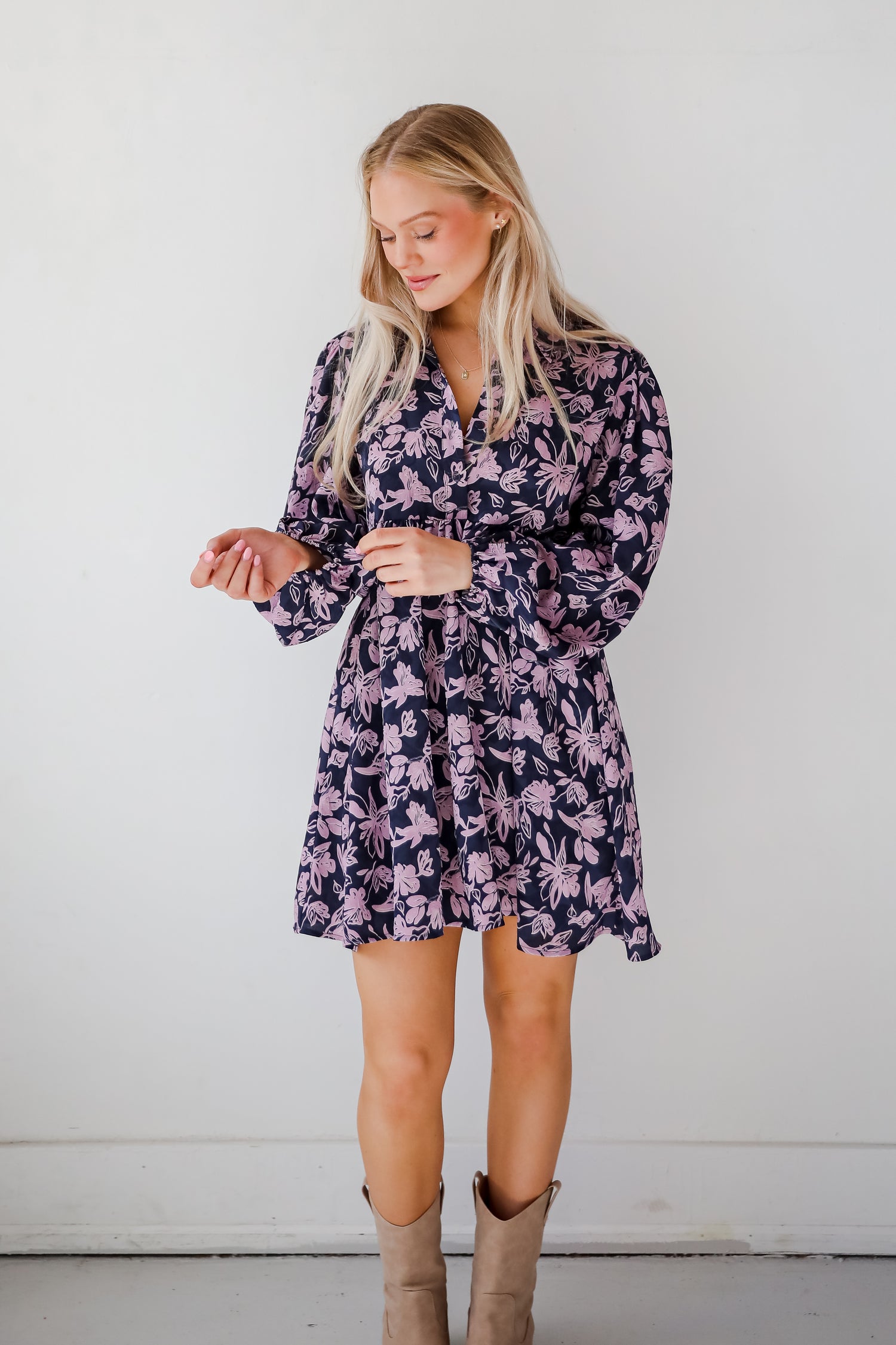 Chic Sense Navy Floral Babydoll Mini Dress