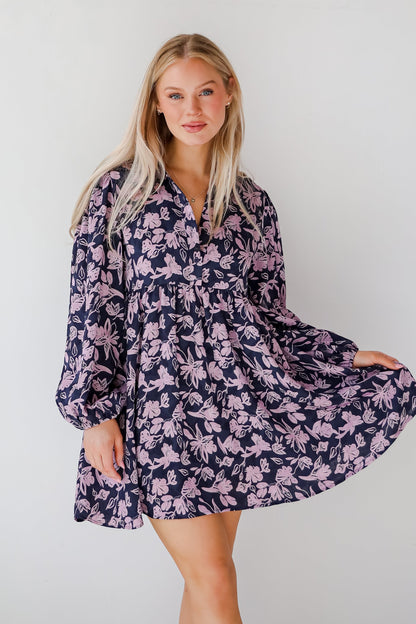 Chic Sense Navy Floral Babydoll Mini Dress