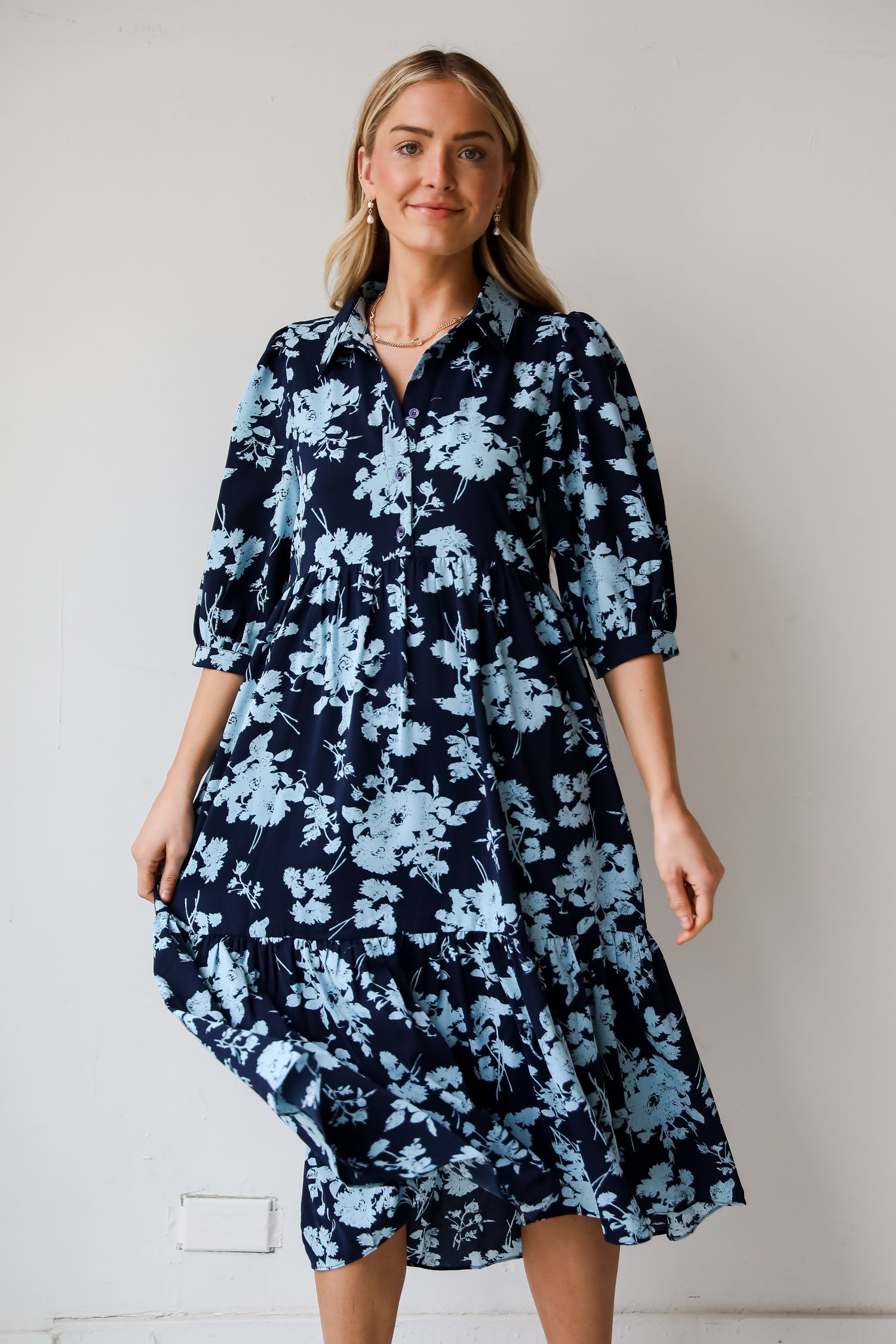 blue floral midi dress