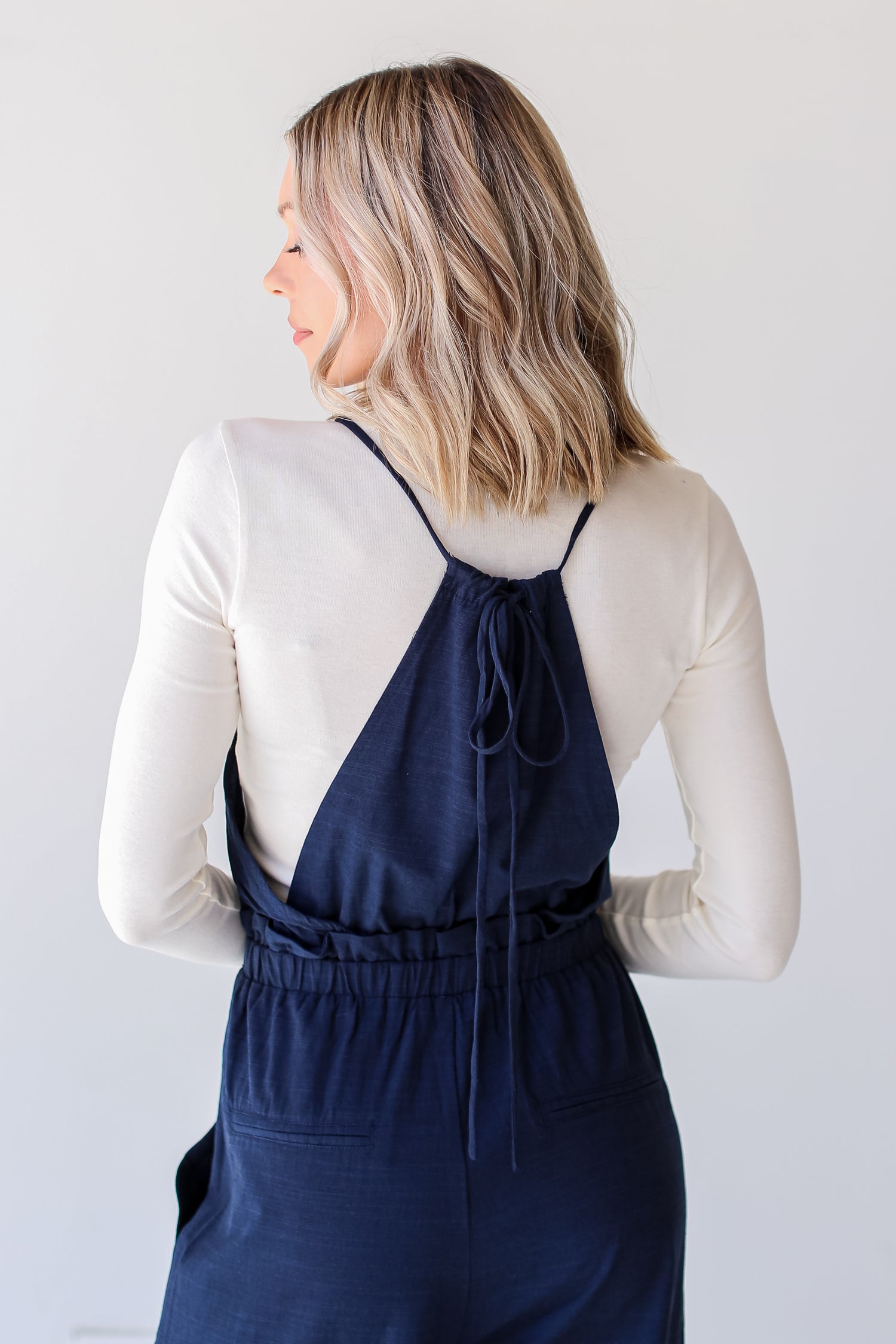 navy Wide Leg Jumpsuit back view close up