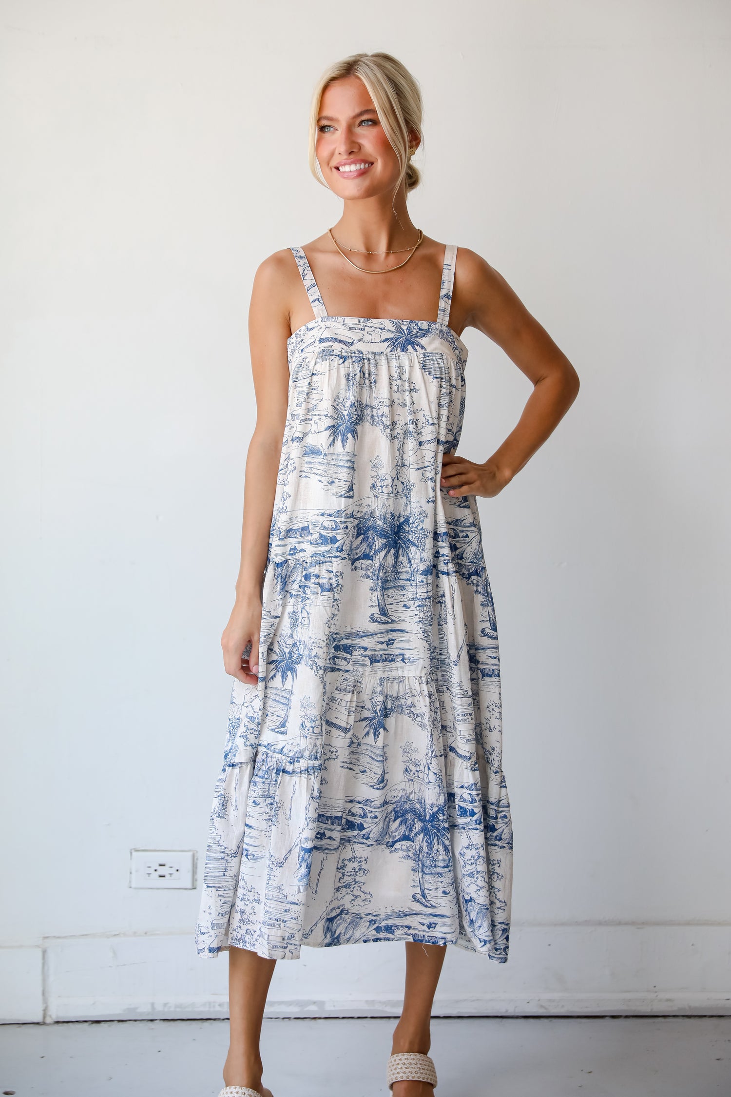 Tropical Lifestyle Blue Tiered Midi Dress