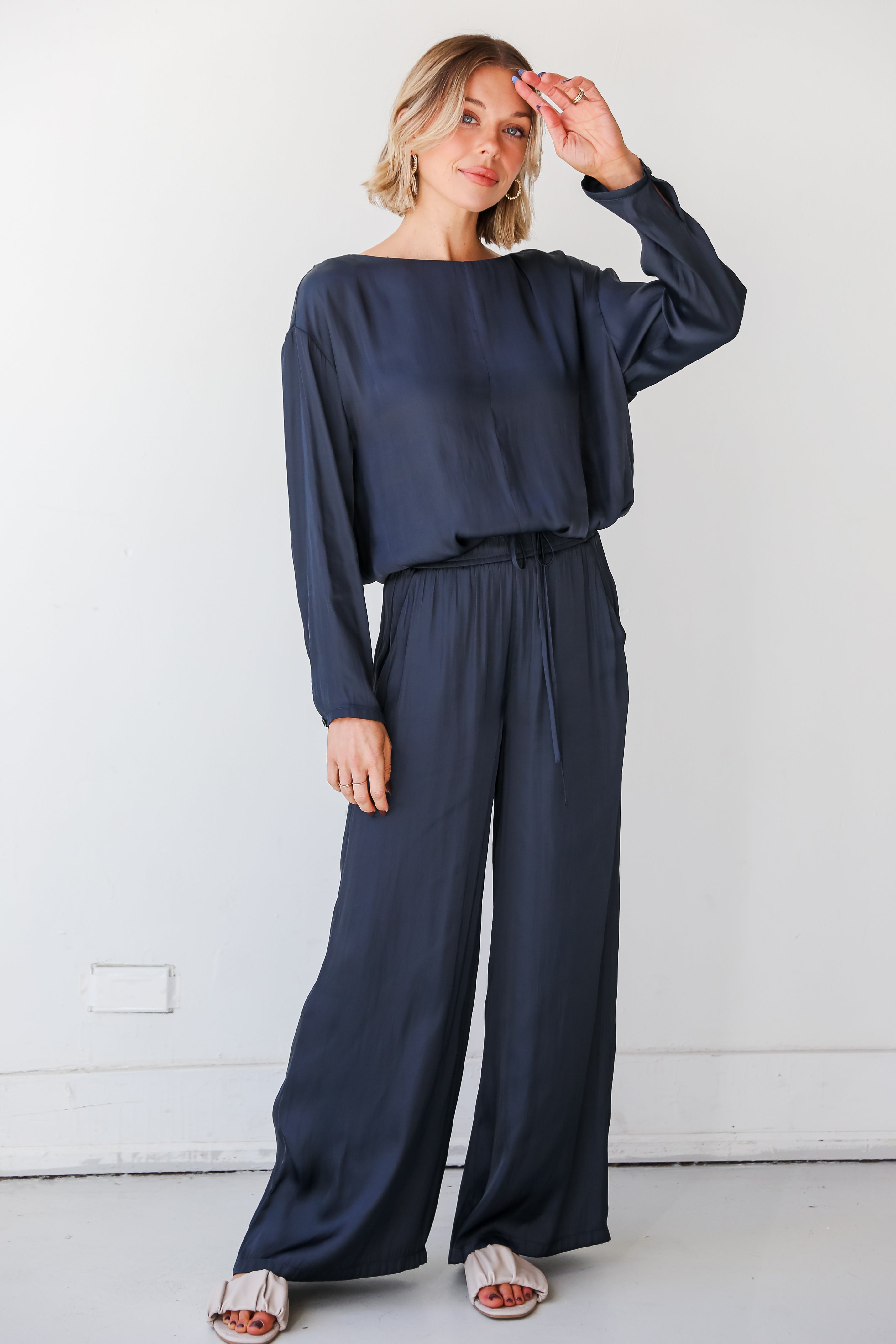 cute Navy Satin Wide Leg Pants