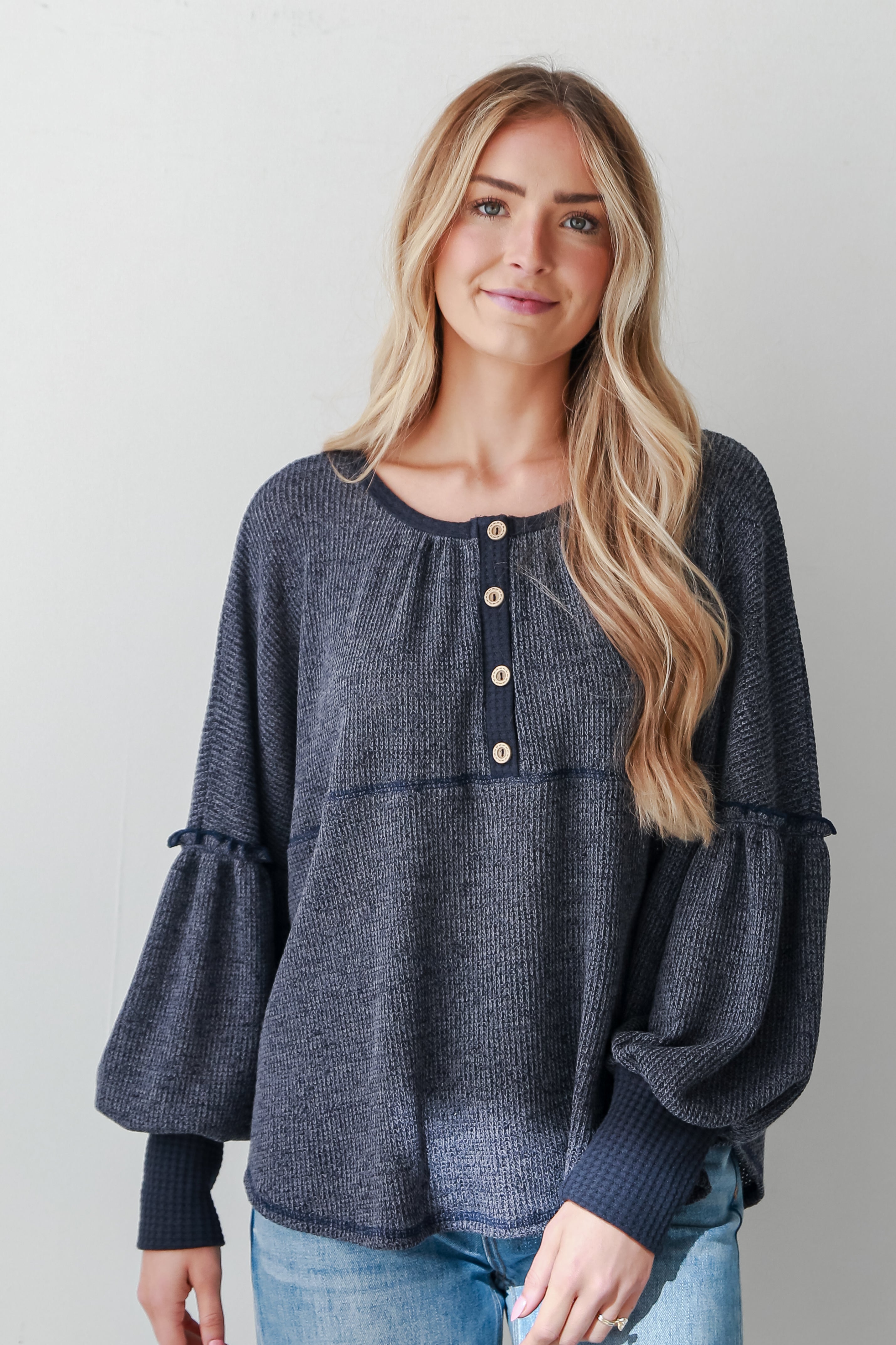 Navy Oversized Knit Top on model