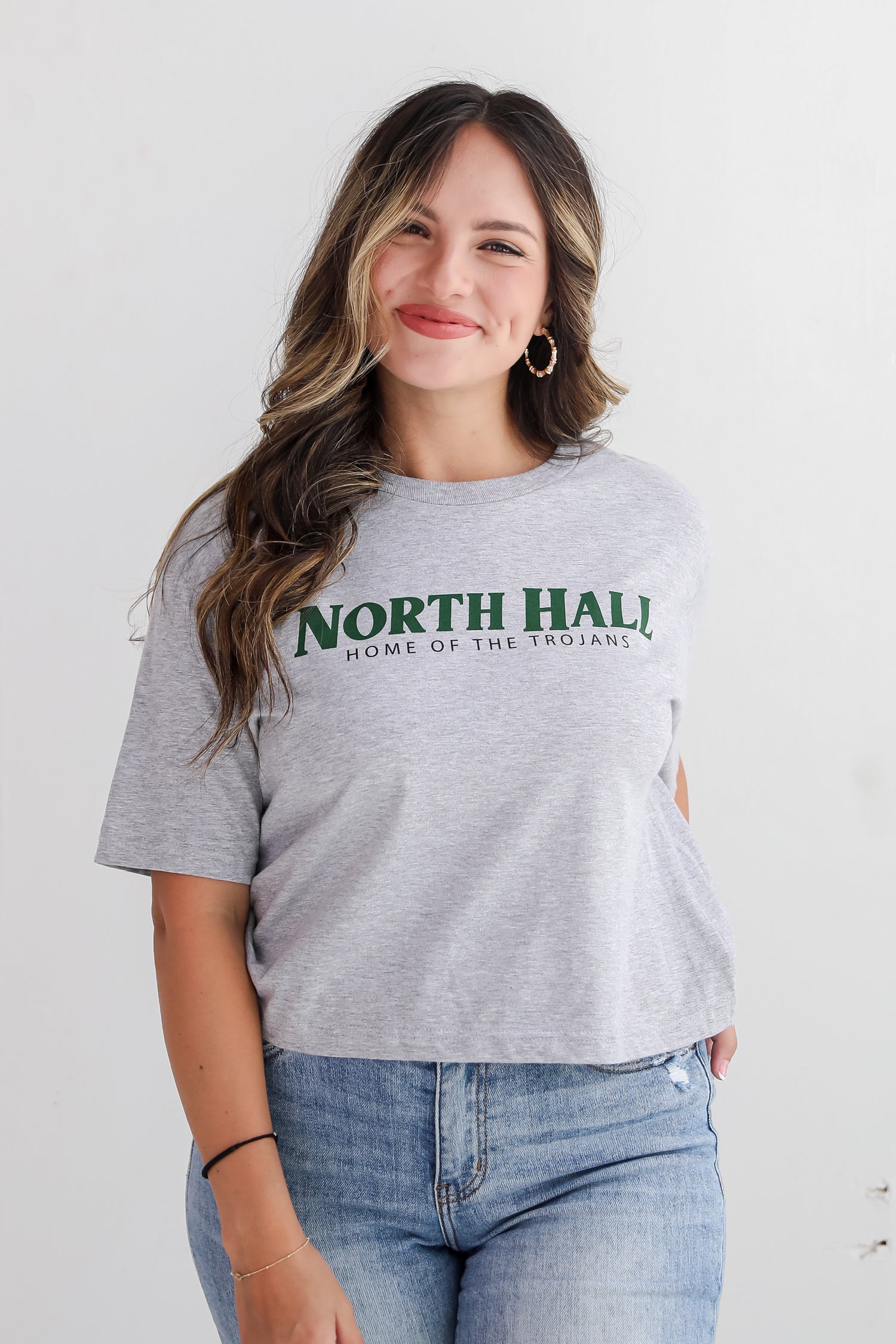 Heather Grey North Hall Home Of The Trojans Cropped Tee