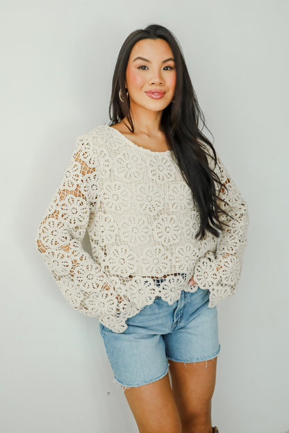 Captivating Grace Oatmeal Crochet Top