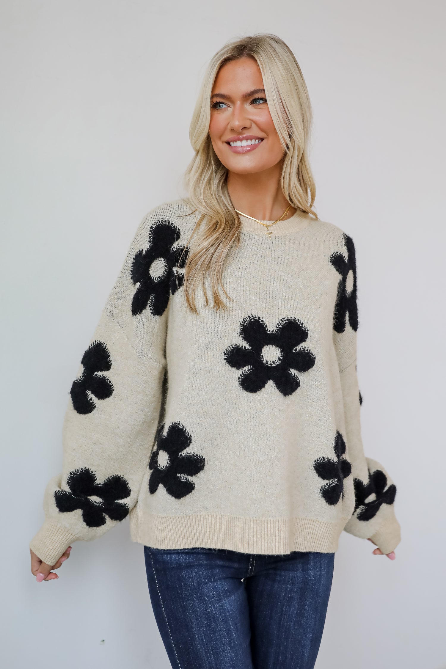 Deluxe Comfort Oatmeal Flower Sweater