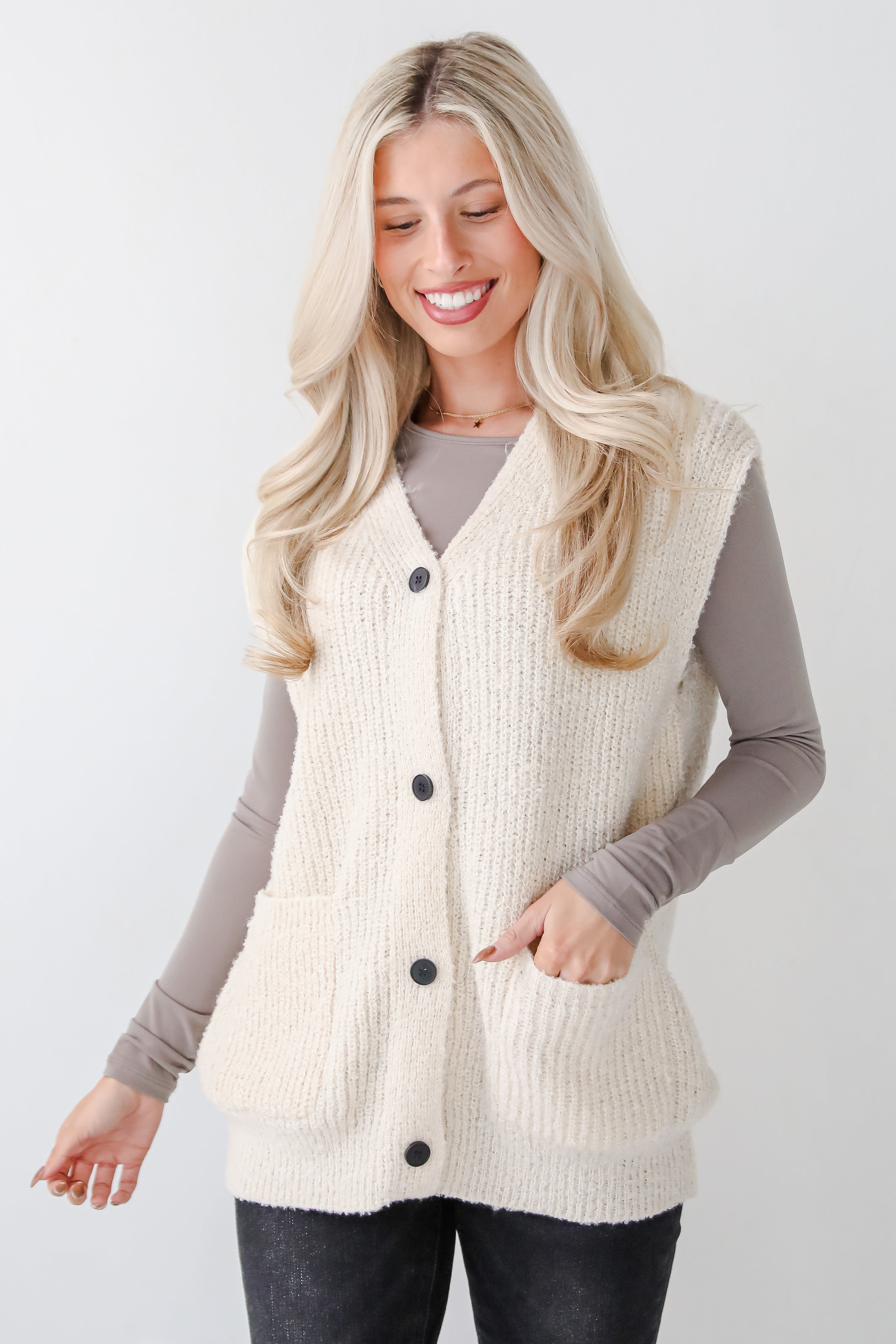 Cuddly Perfection Oatmeal Fuzzy Knit Sweater Vest