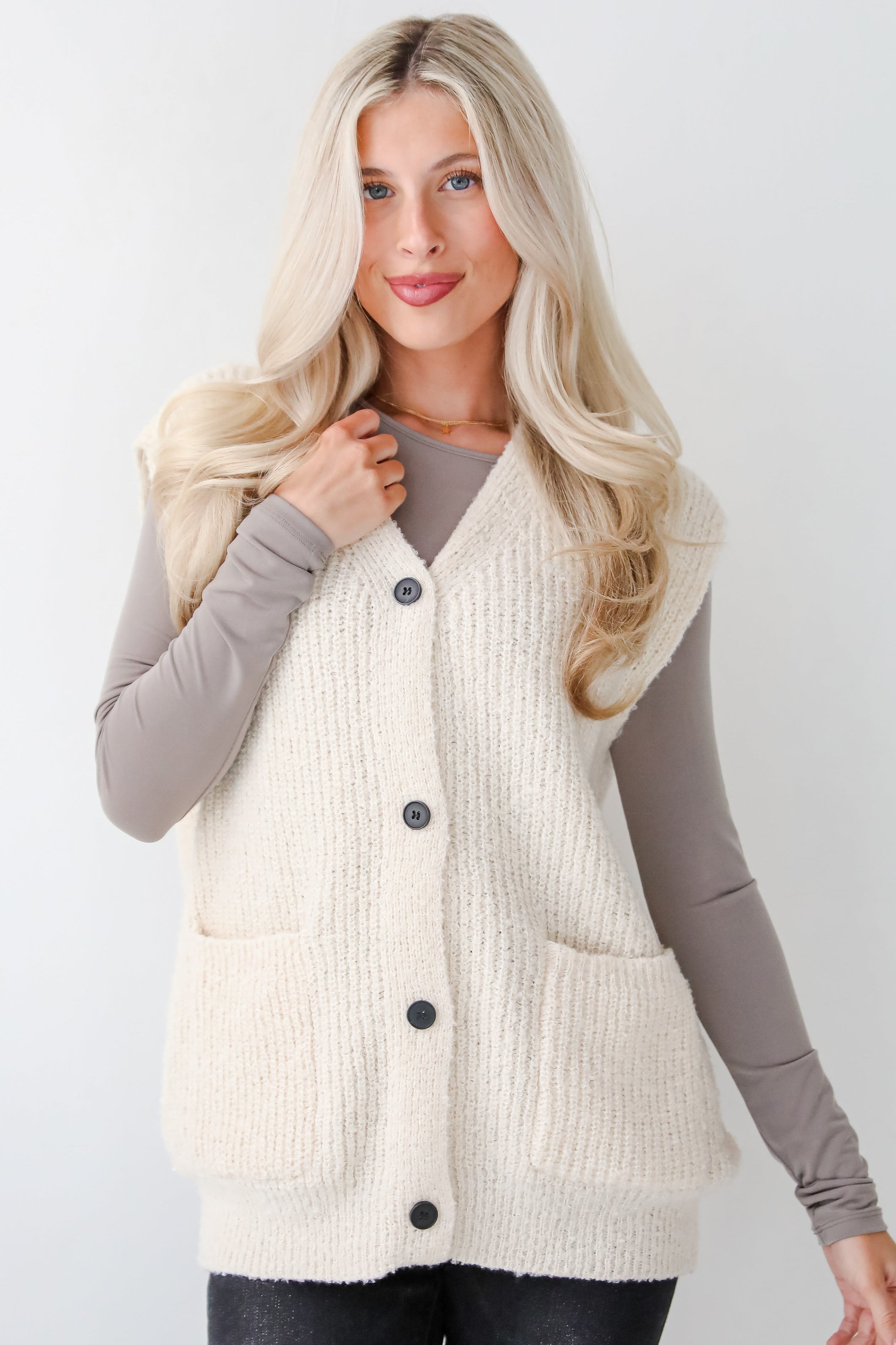 Cuddly Perfection Oatmeal Fuzzy Knit Sweater Vest