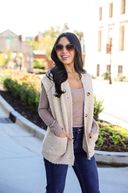 Elevated Comfort Oatmeal Fuzzy Knit Sweater Vest