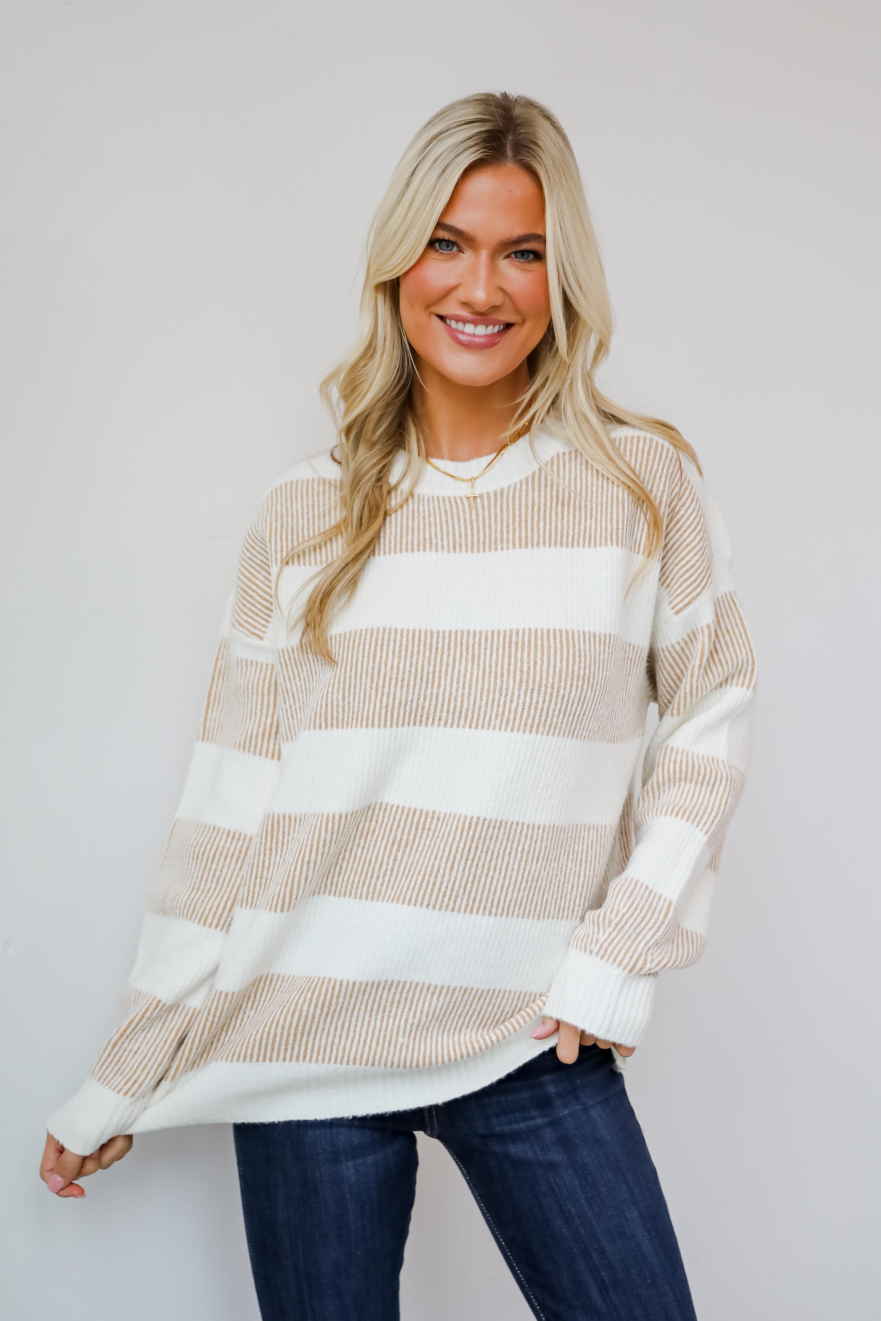 Seasonal Snuggles Taupe Striped Sweater