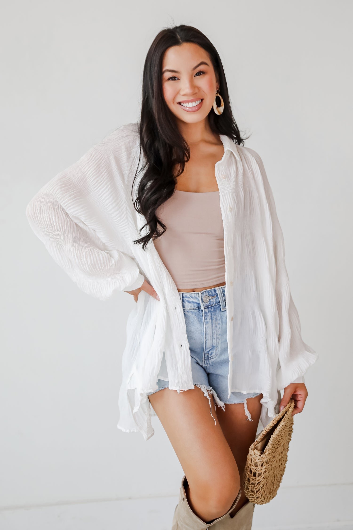 Seasonally Lovely Off White Textured Button-Up Blouse