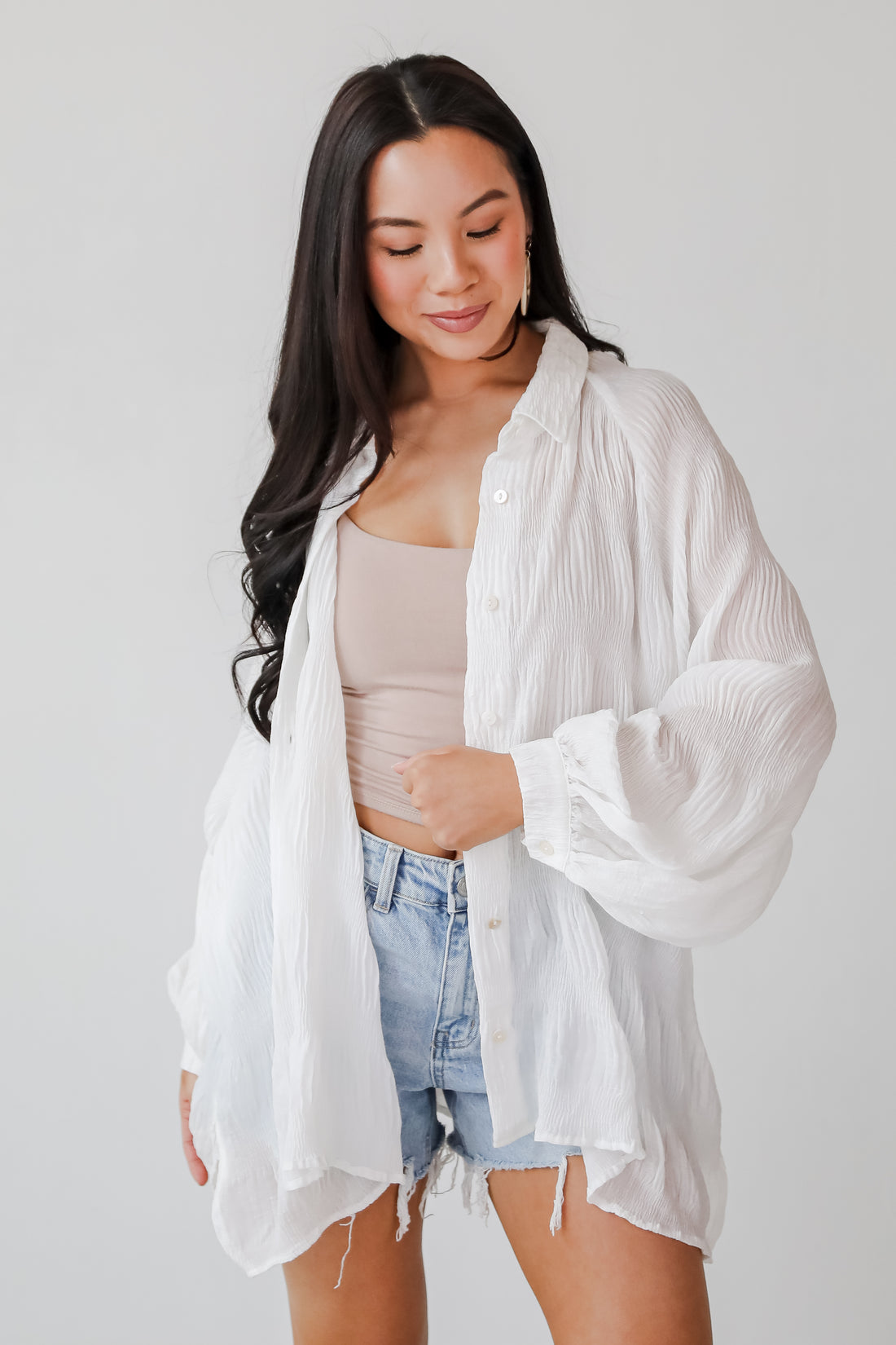 Seasonally Lovely Off White Textured Button-Up Blouse