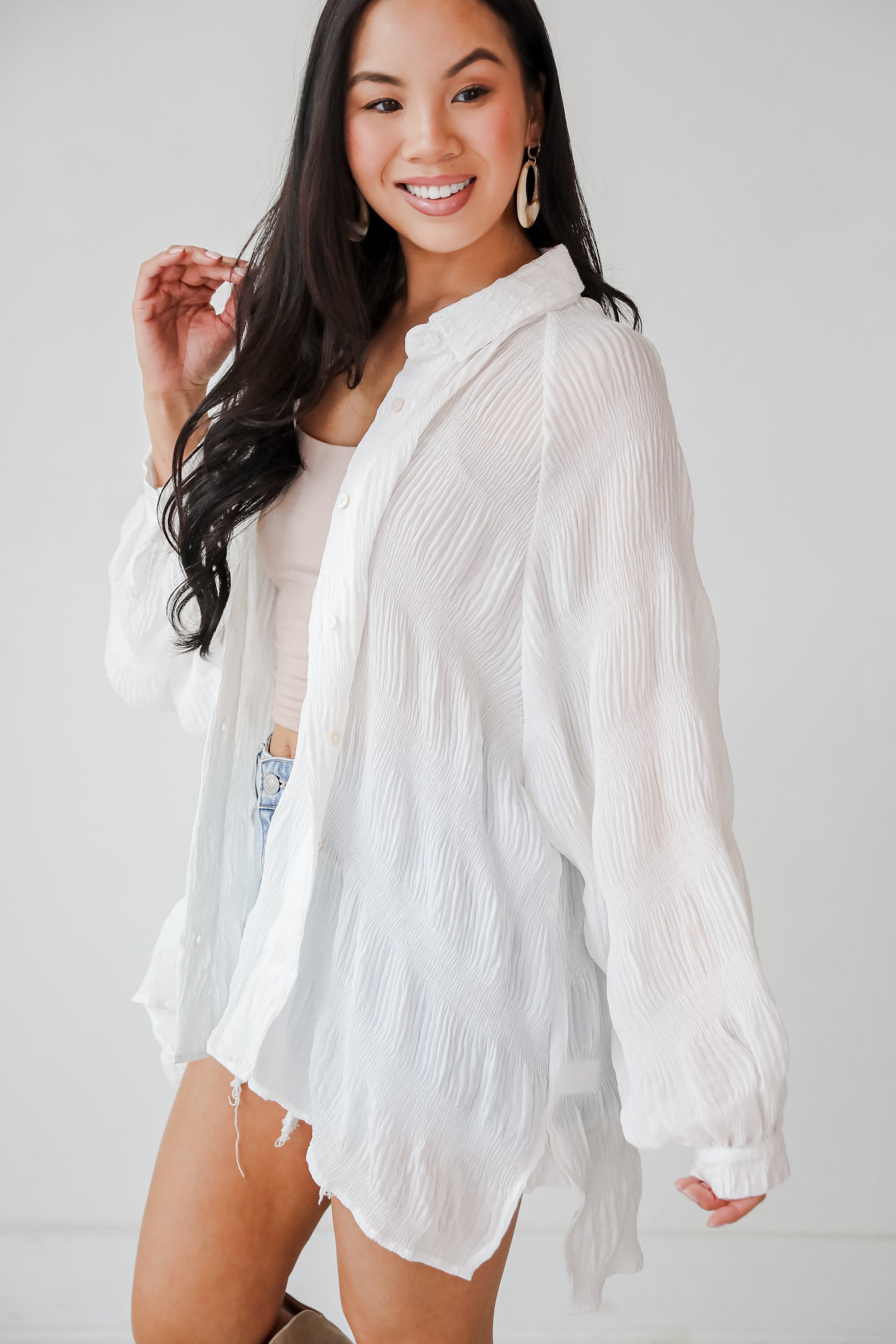 Seasonally Lovely Off White Textured Button-Up Blouse