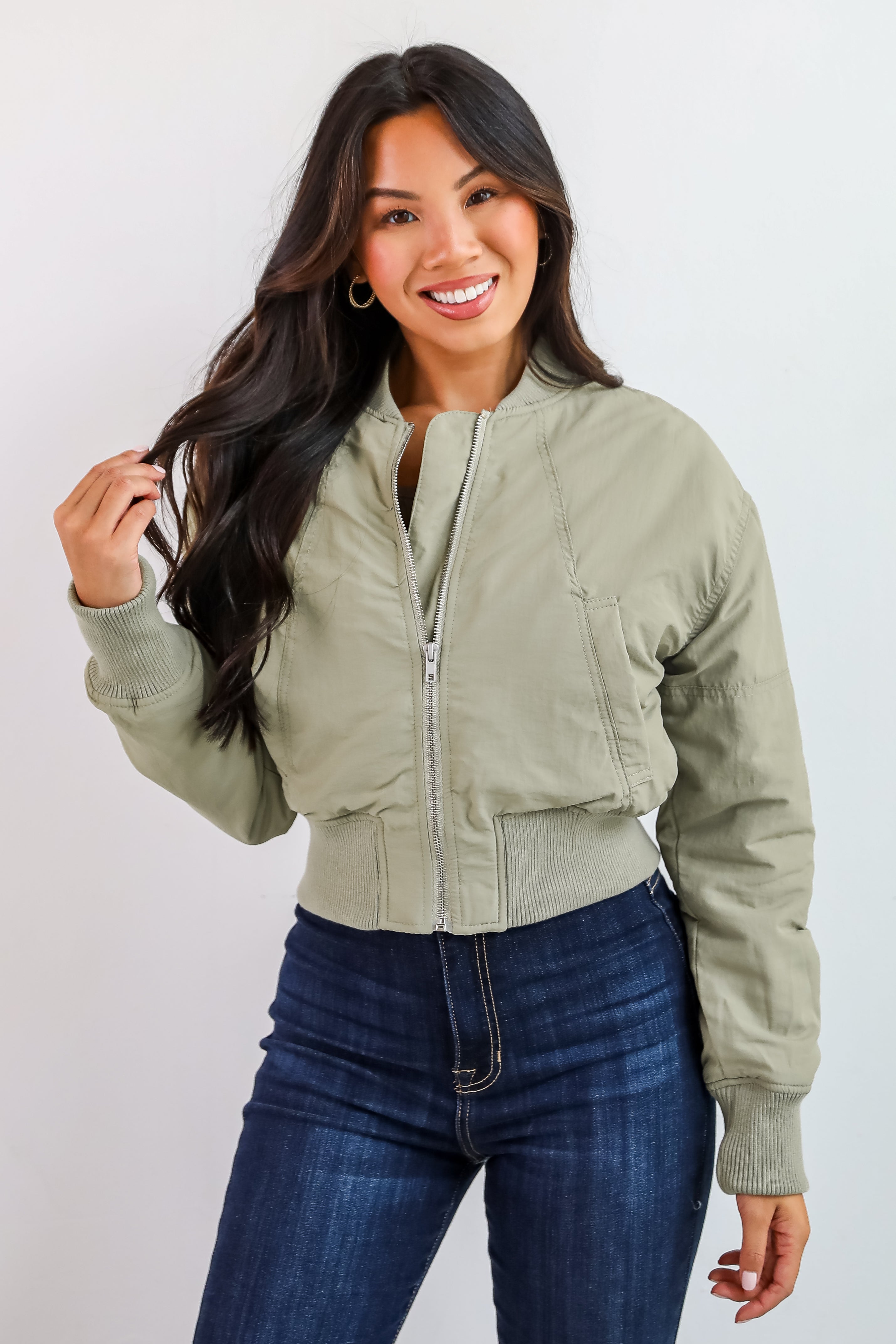 Cool Impulse Light Olive Cropped Bomber Jacket