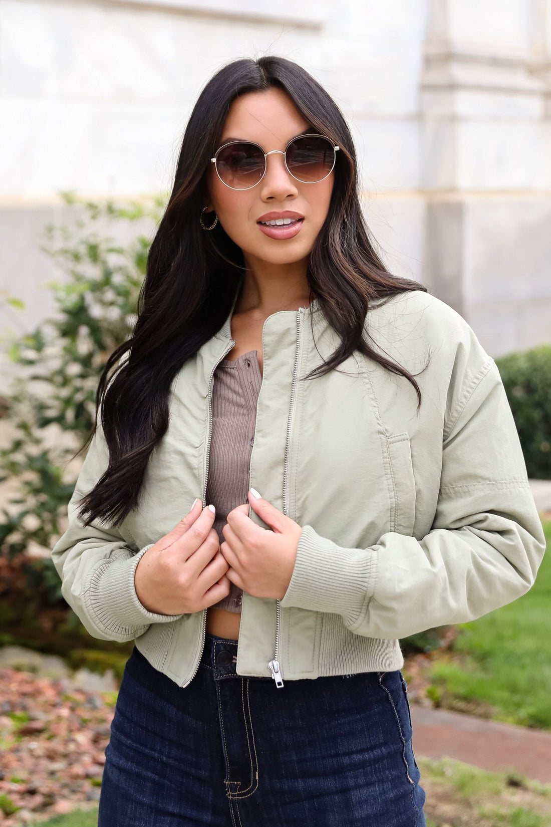 Cool Impulse Light Olive Cropped Bomber Jacket