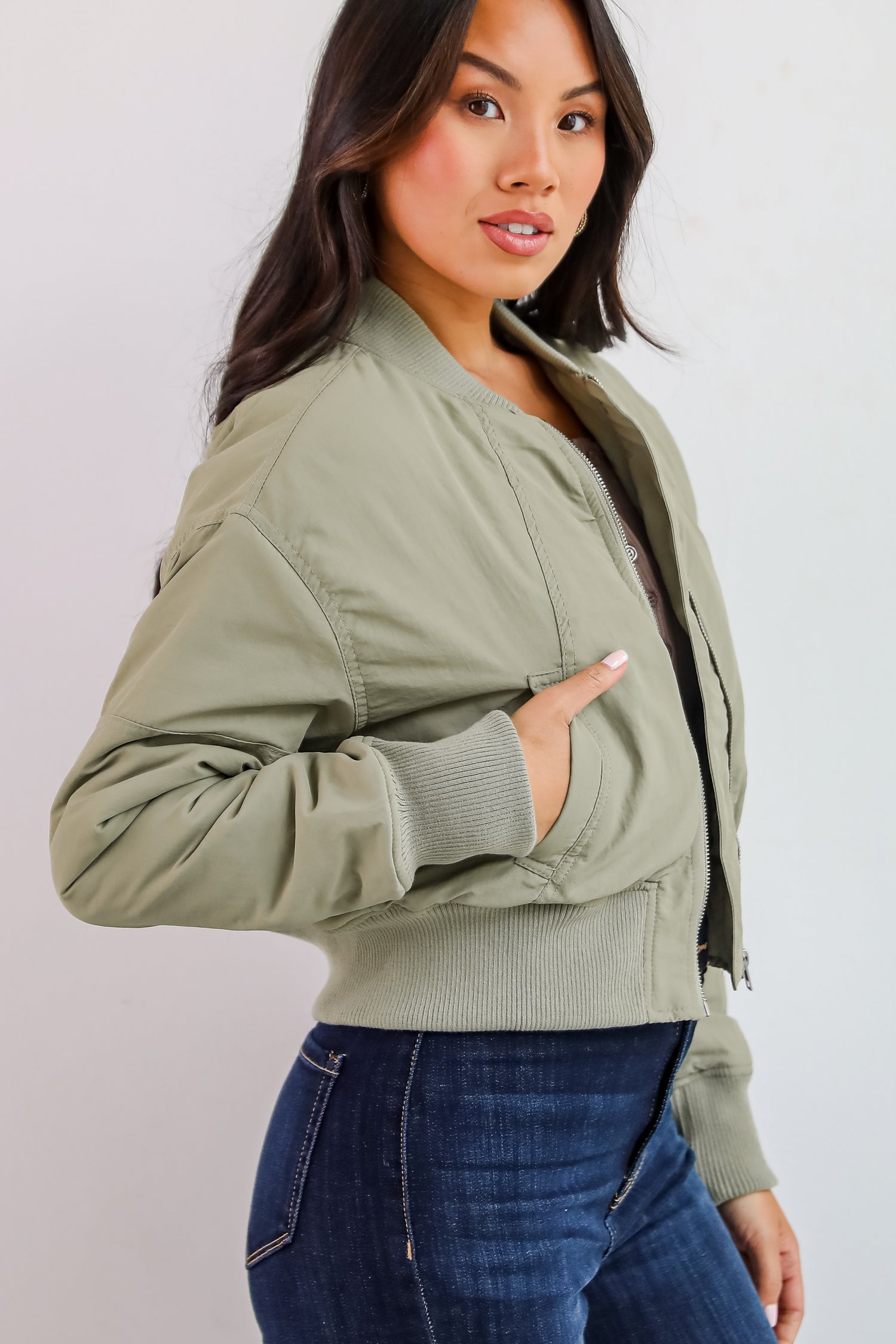 Cool Impulse Light Olive Cropped Bomber Jacket