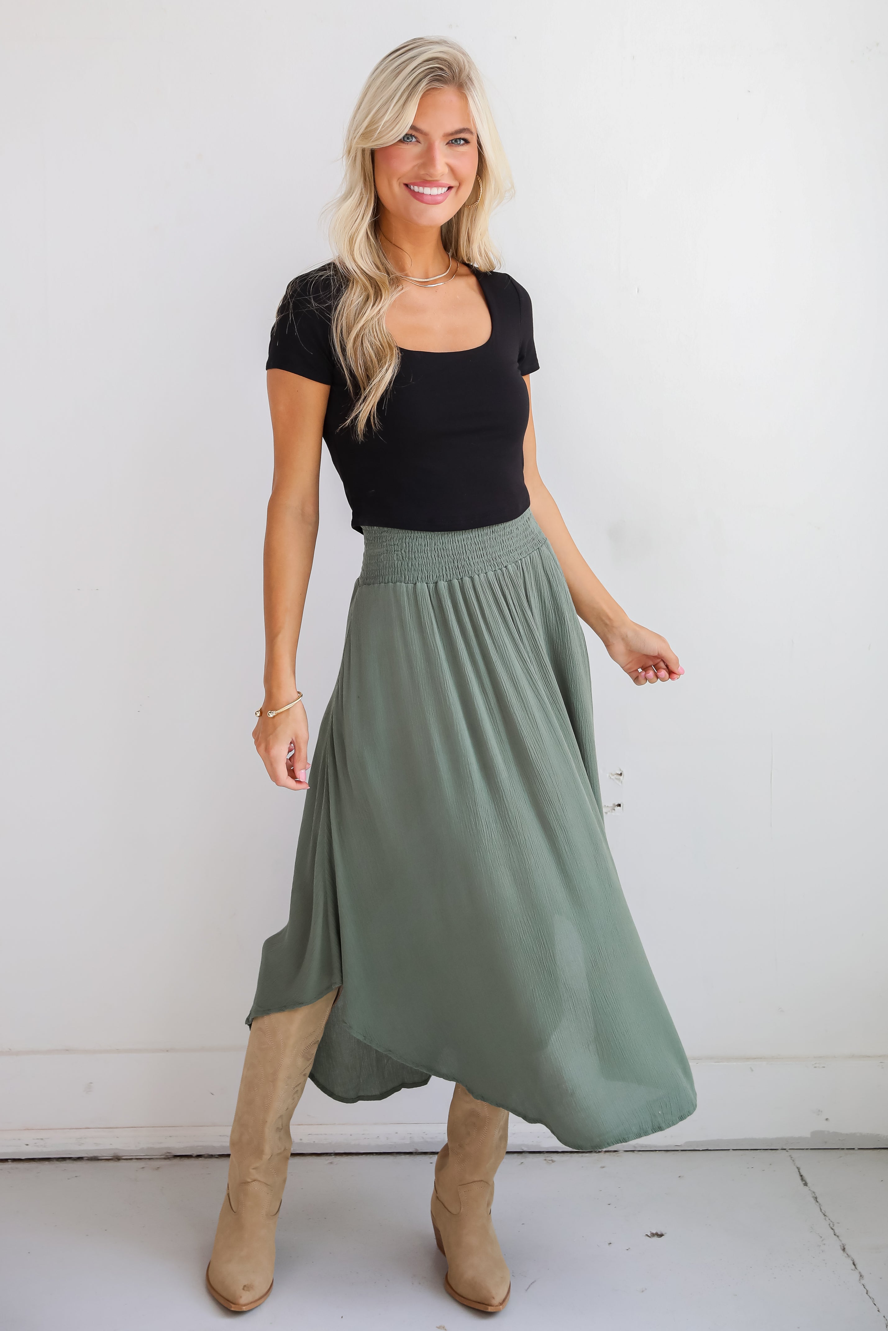 Sensational Purpose Olive Midi Skirt