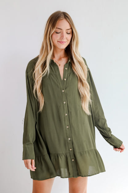 Approachably Adorable Olive Button Front Mini Dress