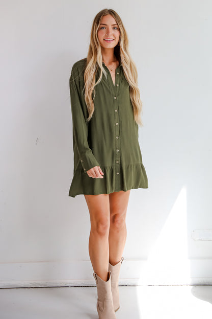 Approachably Adorable Olive Button Front Mini Dress