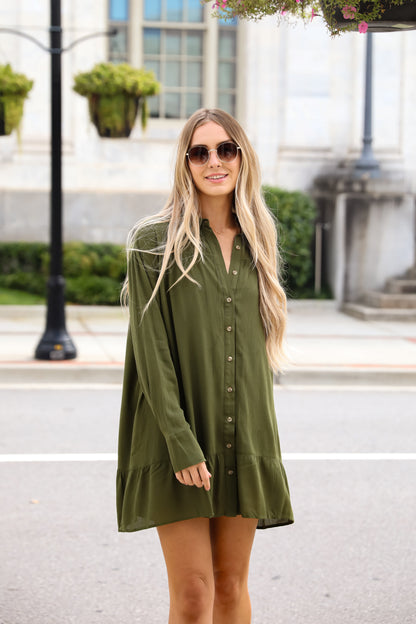 Approachably Adorable Olive Button Front Mini Dress